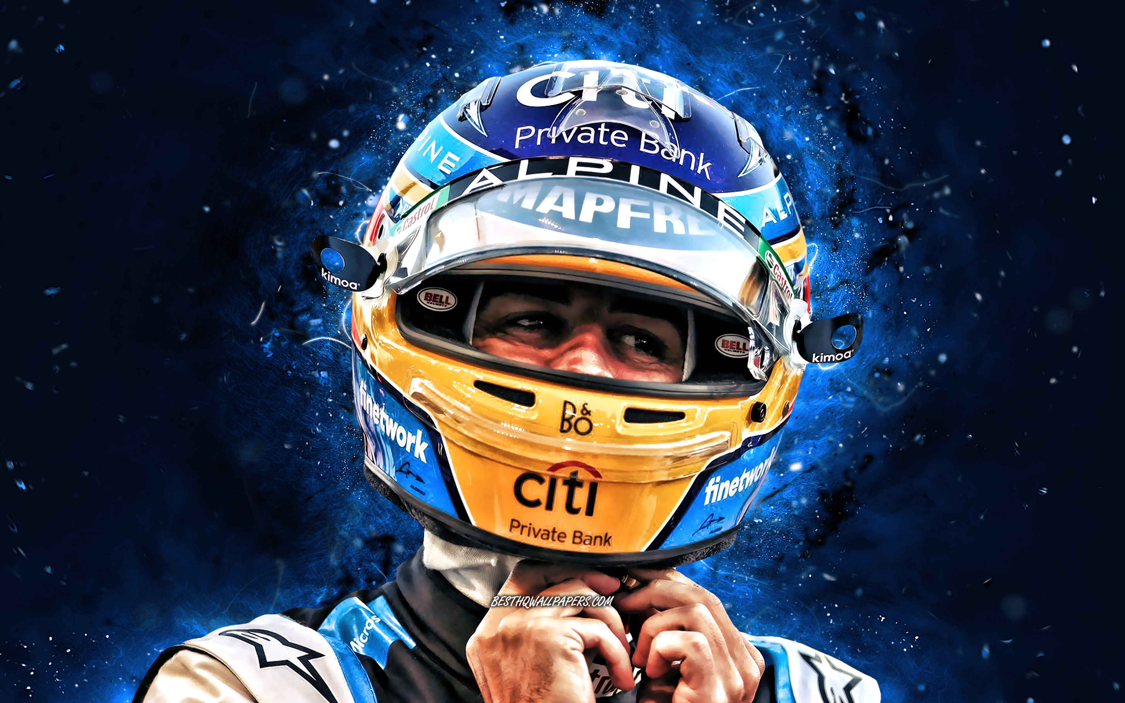 Download wallpaper Fernando Alonso, 2021, 4k, Alpine F1 Team, spanish racing drivers, Formula 1, blue neon lights, F1 2021, Fernando Alonso Alpine for desktop with resolution 3840x2400. High Quality HD picture wallpaper