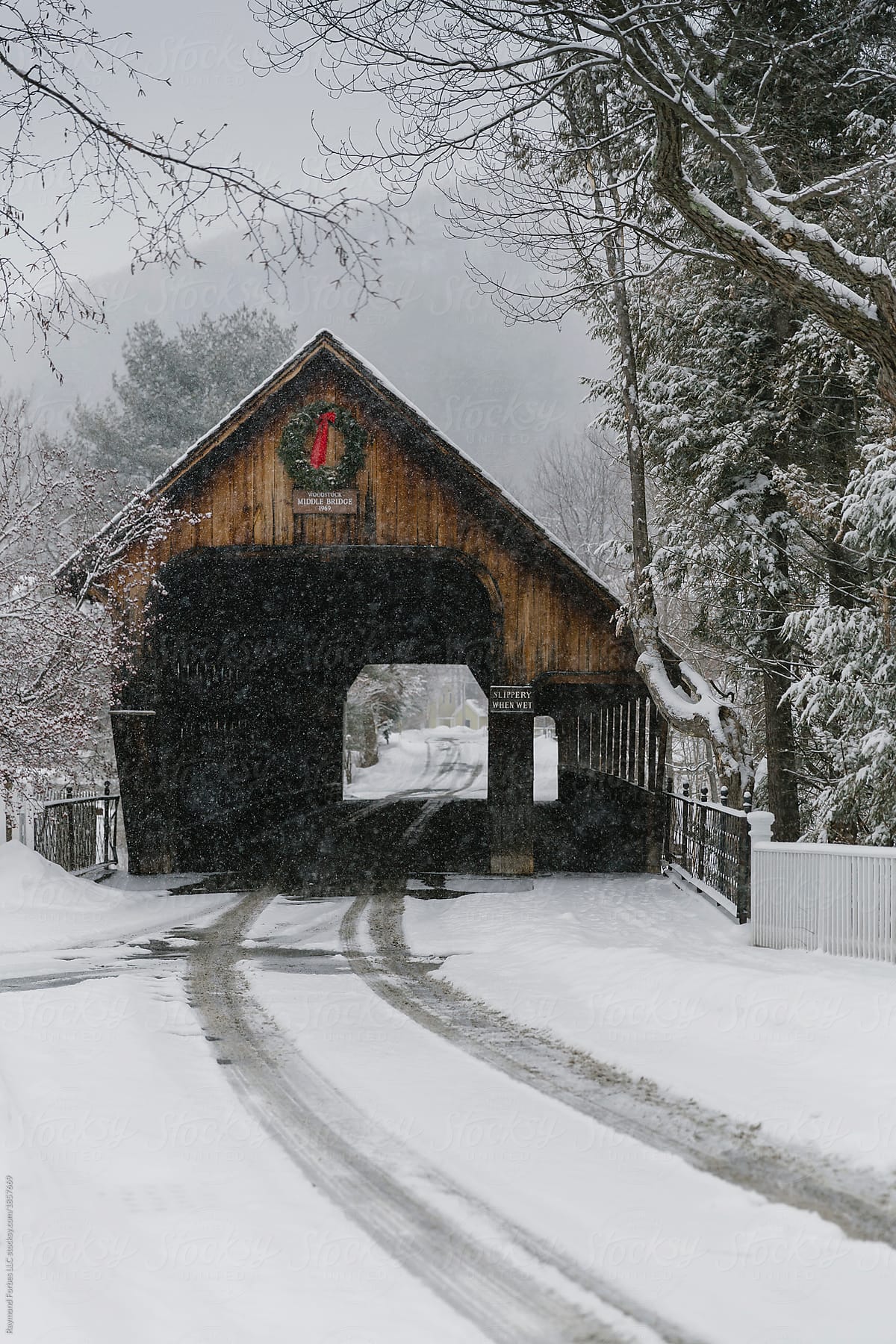 Covered Bridge Woodstock Vermont In Winter by Raymond Forbes Photography, Covered