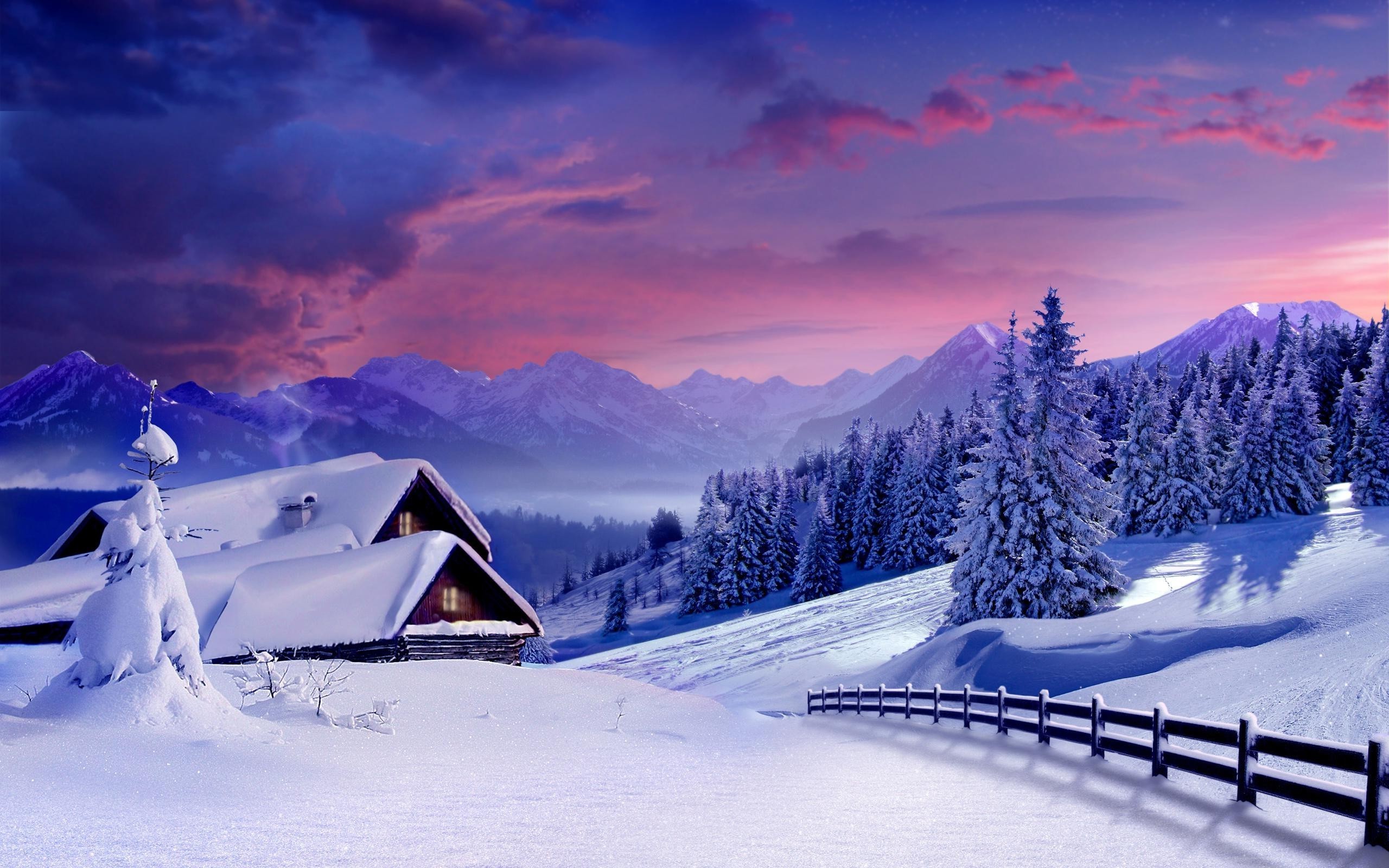 landscape winter snow mountain trees sky cabin wallpaper