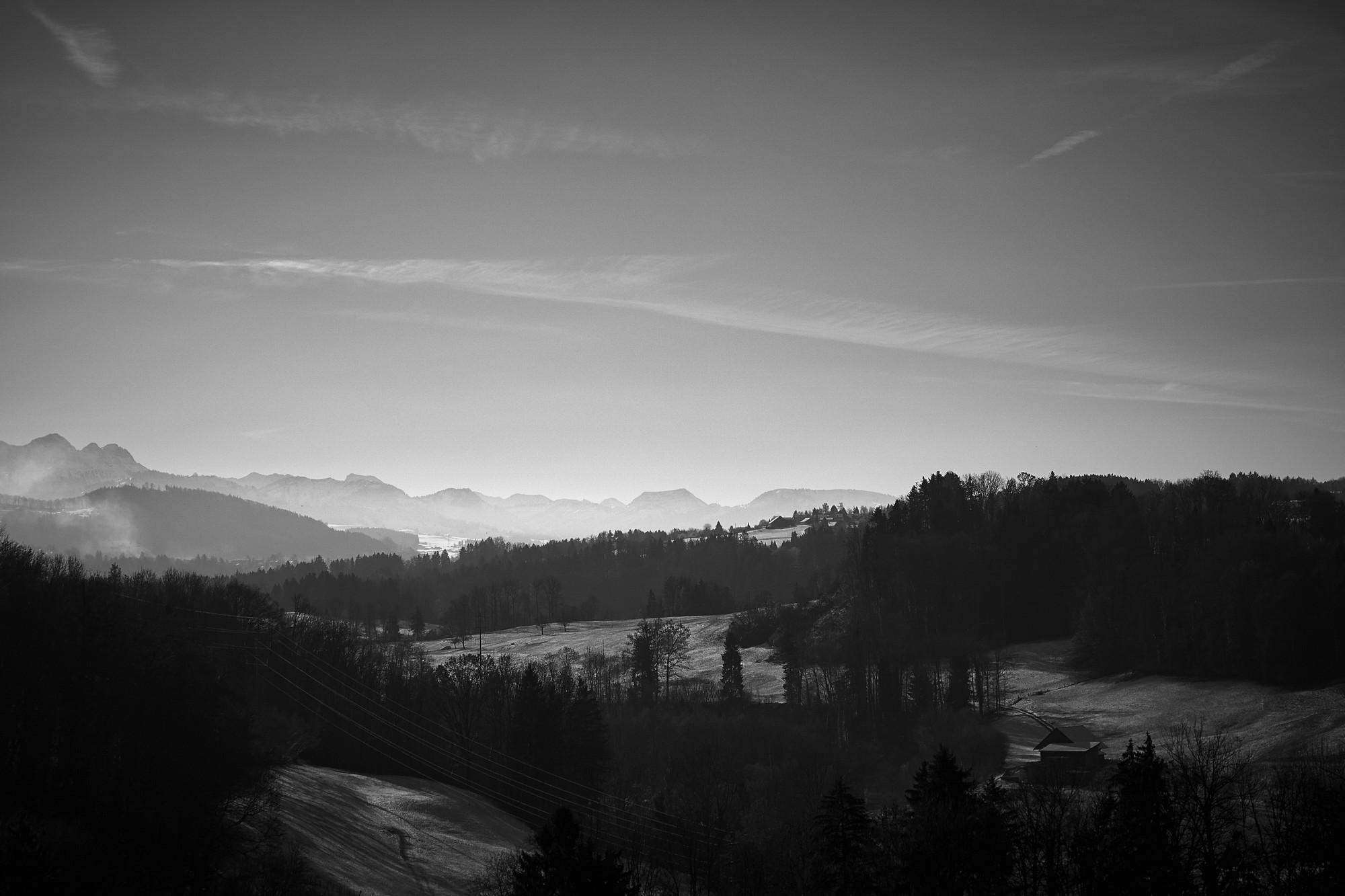 Black and white Landscapes Mountains Trees Winter HD wallpaper