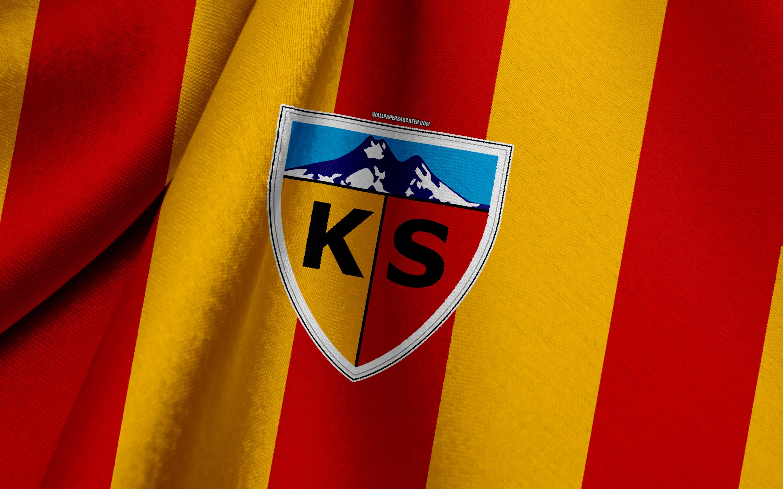 Download wallpaper Kayserispor, Turkish football team, orange red flag, emblem, fabric texture, logo, Kayseri, Turkey for desktop with resolution 2560x1600. High Quality HD picture wallpaper