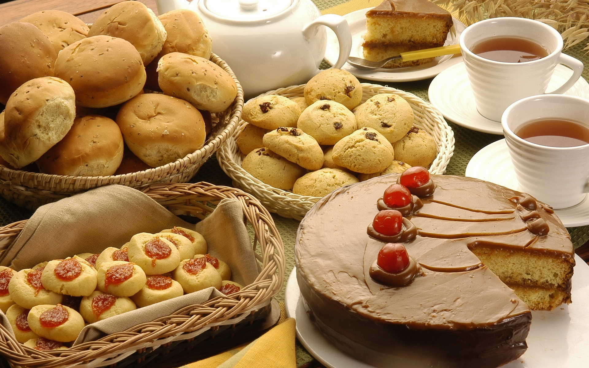 Wallpaper, food, cake, breakfast, chocolate, dessert, baking, cherry, bakery, meal, patisserie, cuisine, sweetness, dish, flavor, baked goods, sweet table 1920x1200