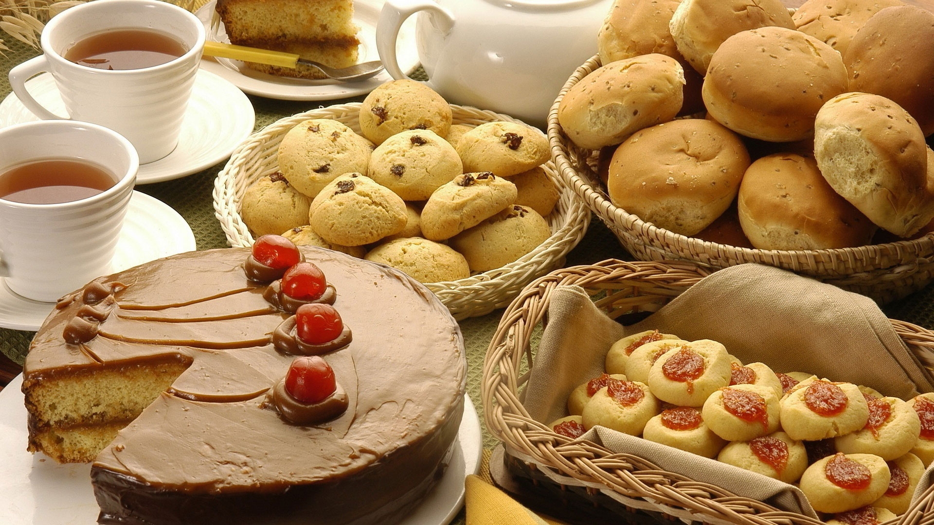 Wallpaper, tea, breakfast, dessert, baking, cherry, bakery, meal, pie, rolls, patisserie, cuisine, sweetness, dish, flavor, baked goods, snack food, batch 1920x1080