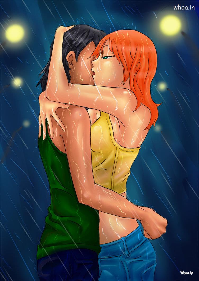 Cartoon Couple Hugging In Rain HD Wallpaper Kissing Drawing Colored HD Wallpaper