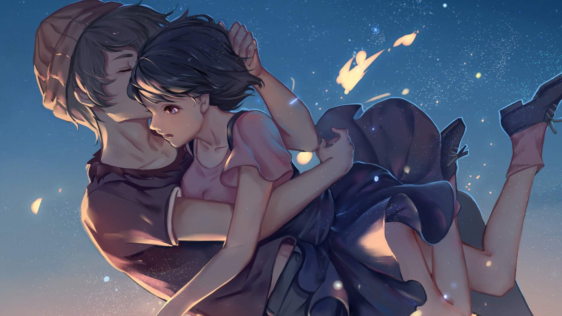 Boy, girl, hug, sky, romantic anime couple wallpaper