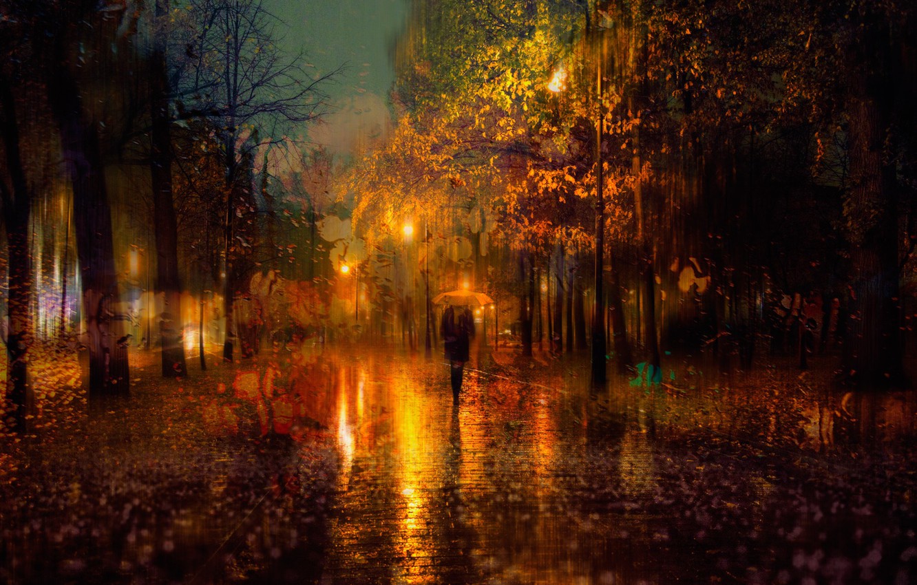 Wallpapers autumn, girl, the city, lights, umbrella, rain, the evening, Sai...