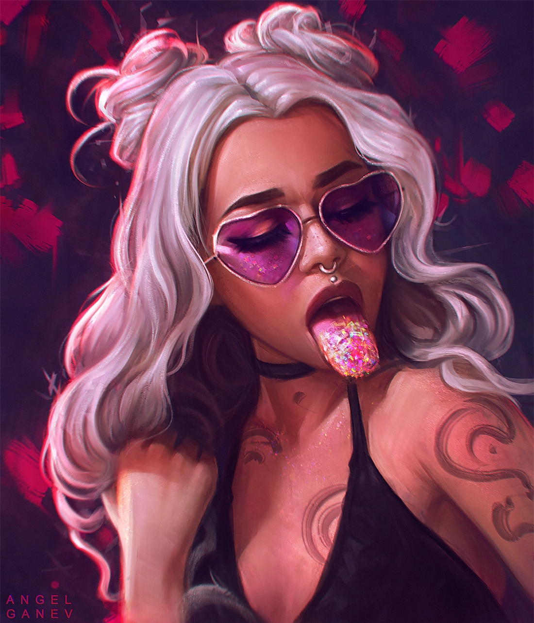 Wallpaper, white hair, long hair, pierced septum, open mouth, tongues, tongue out, necklace, bare shoulders, black tops, cleavage, face, portrait, women with shades, artwork, digital painting, illustration, drawing, digital art, Angel