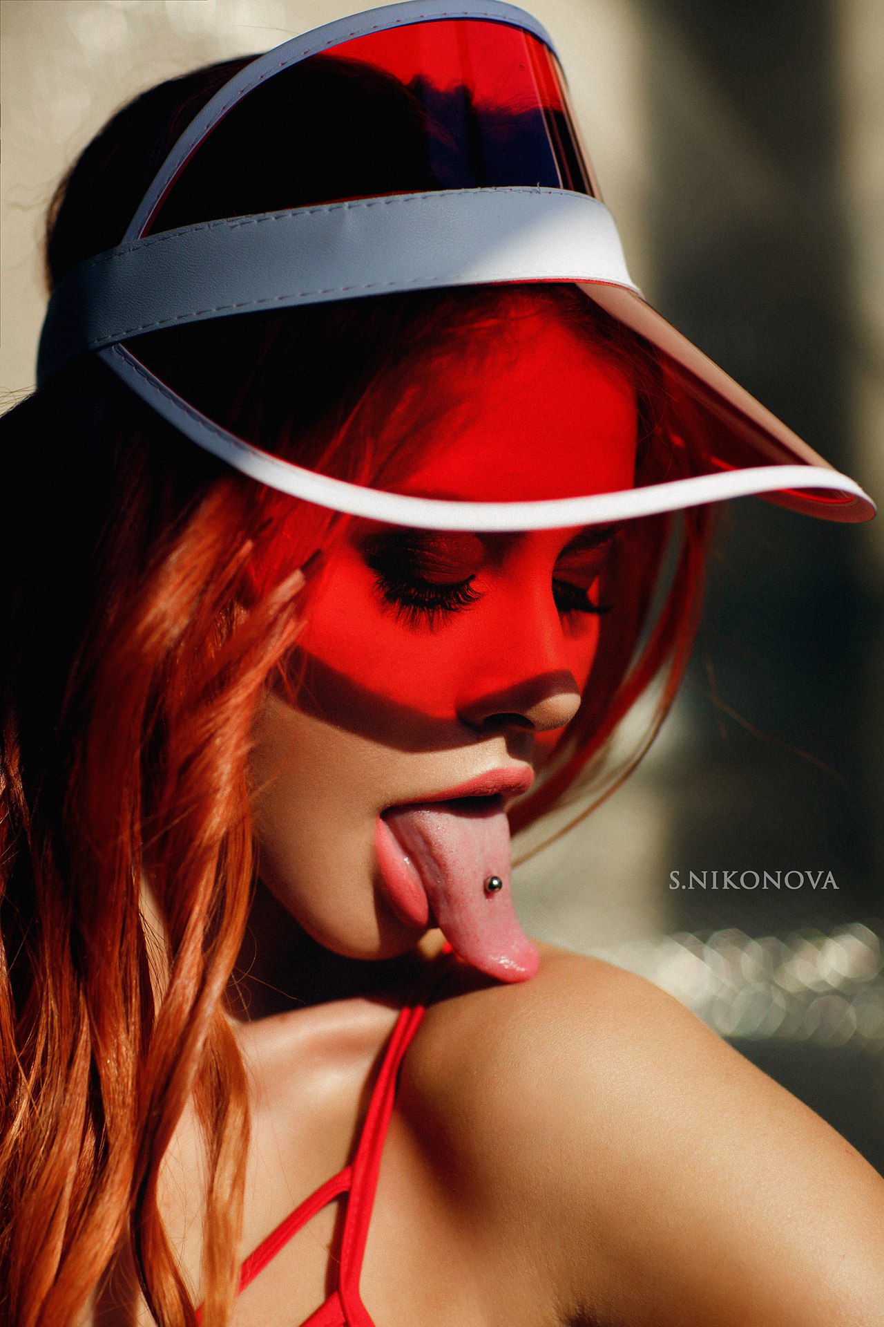 Wallpaper, S Nikonova, women, model, face, tongue out, pierced tongue, red 1280x1920