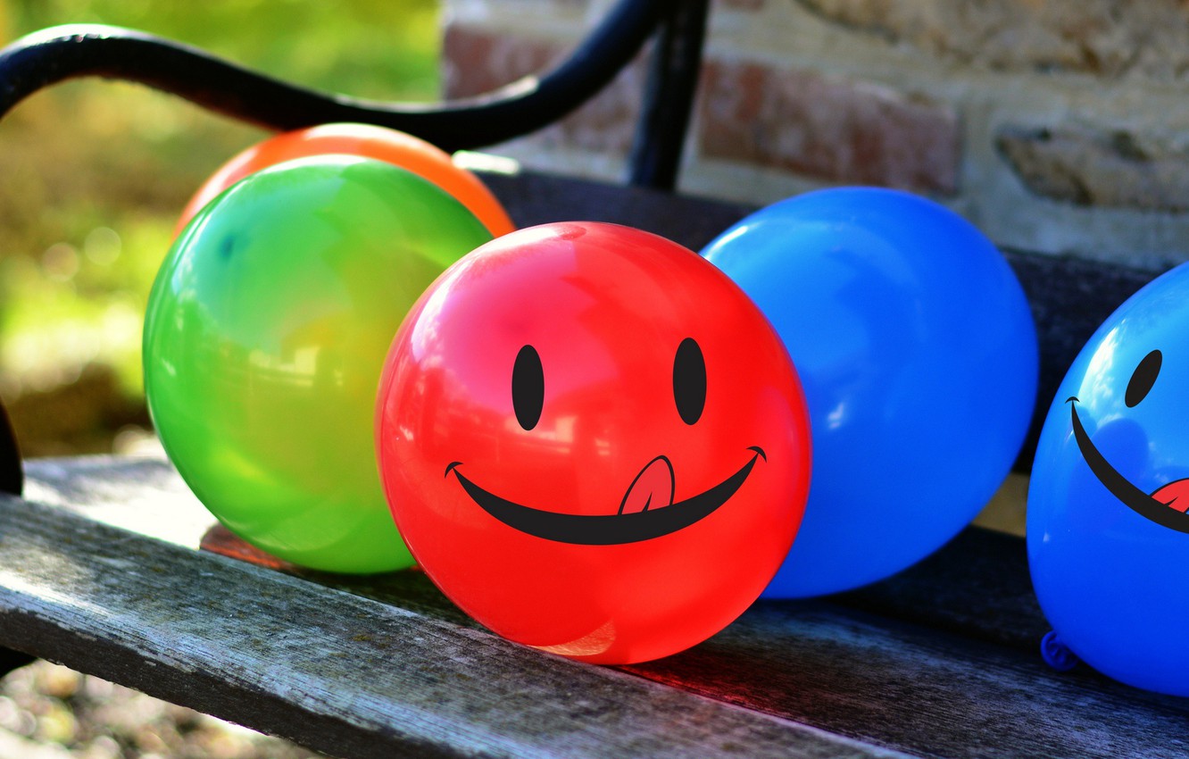 Wallpaper balls, bench, blue, red, smile, green, smiley, balloons image for desktop, section разное