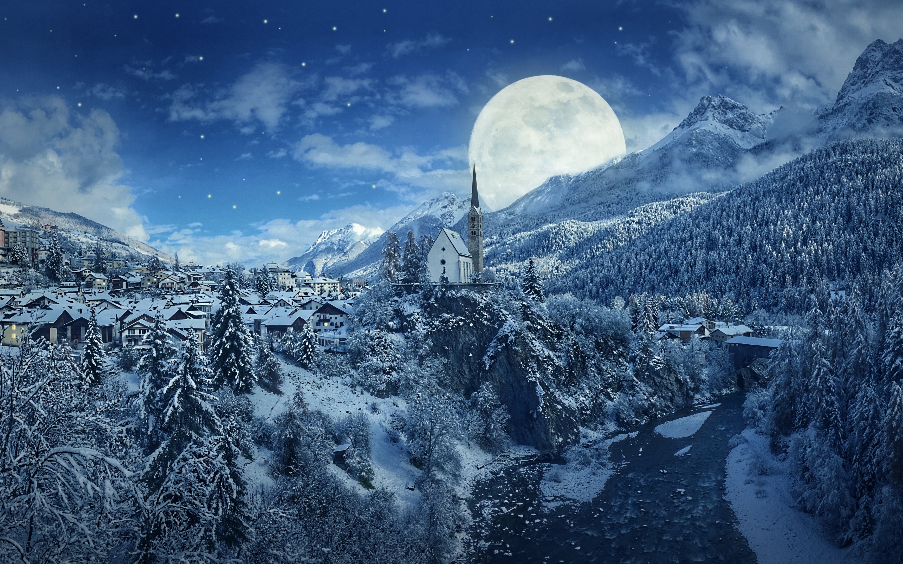 Winter Wallpaper 4K, Moon, Frozen, Forest, Village, Snowfall, 5K, Nature