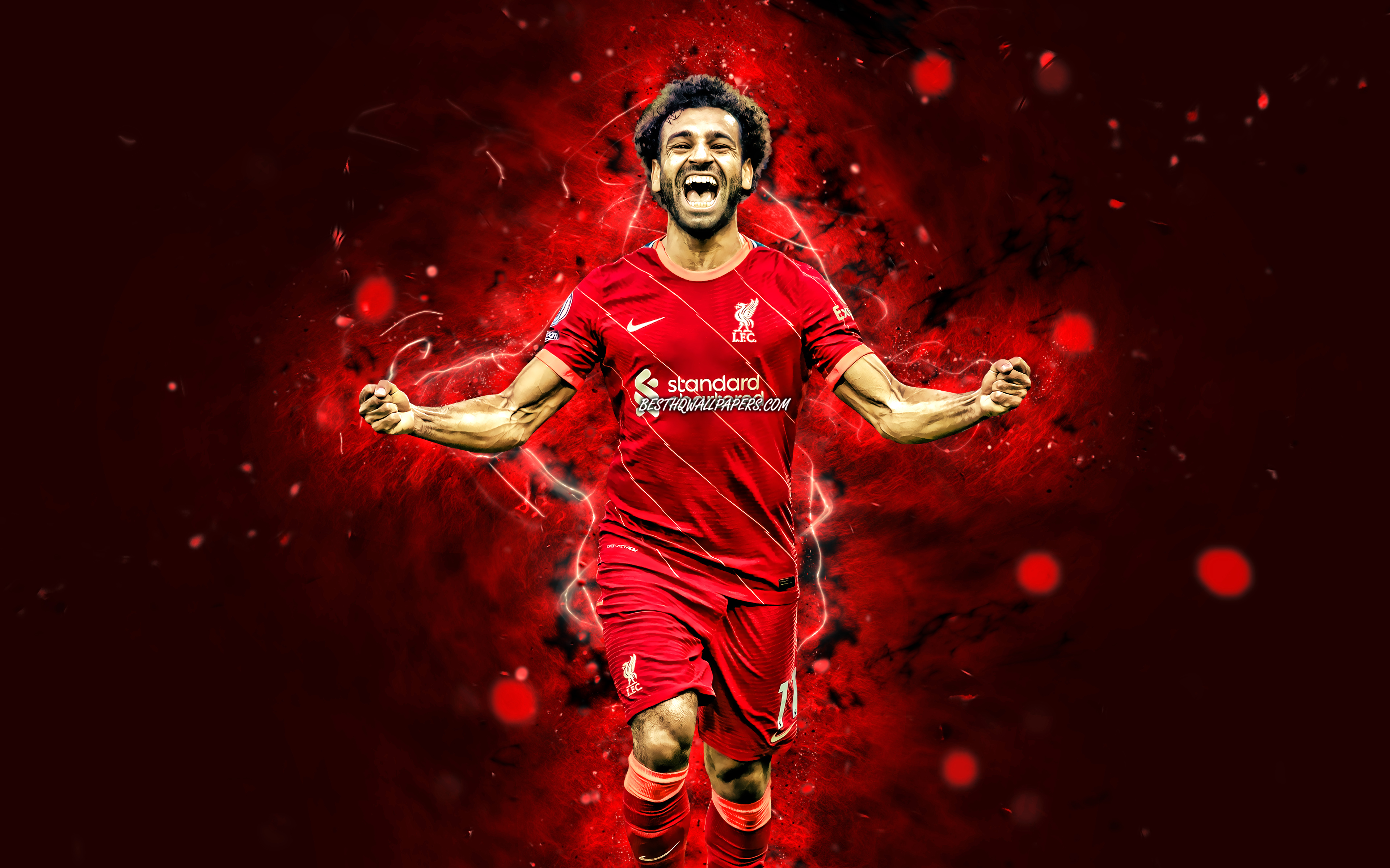 Download wallpaper Mohamed Salah, 4k, Liverpool FC, egyptian footballers, soccer, Premier League, football, Mo Salah, red neon lights, Mohamed Salah Liverpool, Mohamed Salah 4K for desktop with resolution 3840x2400. High Quality