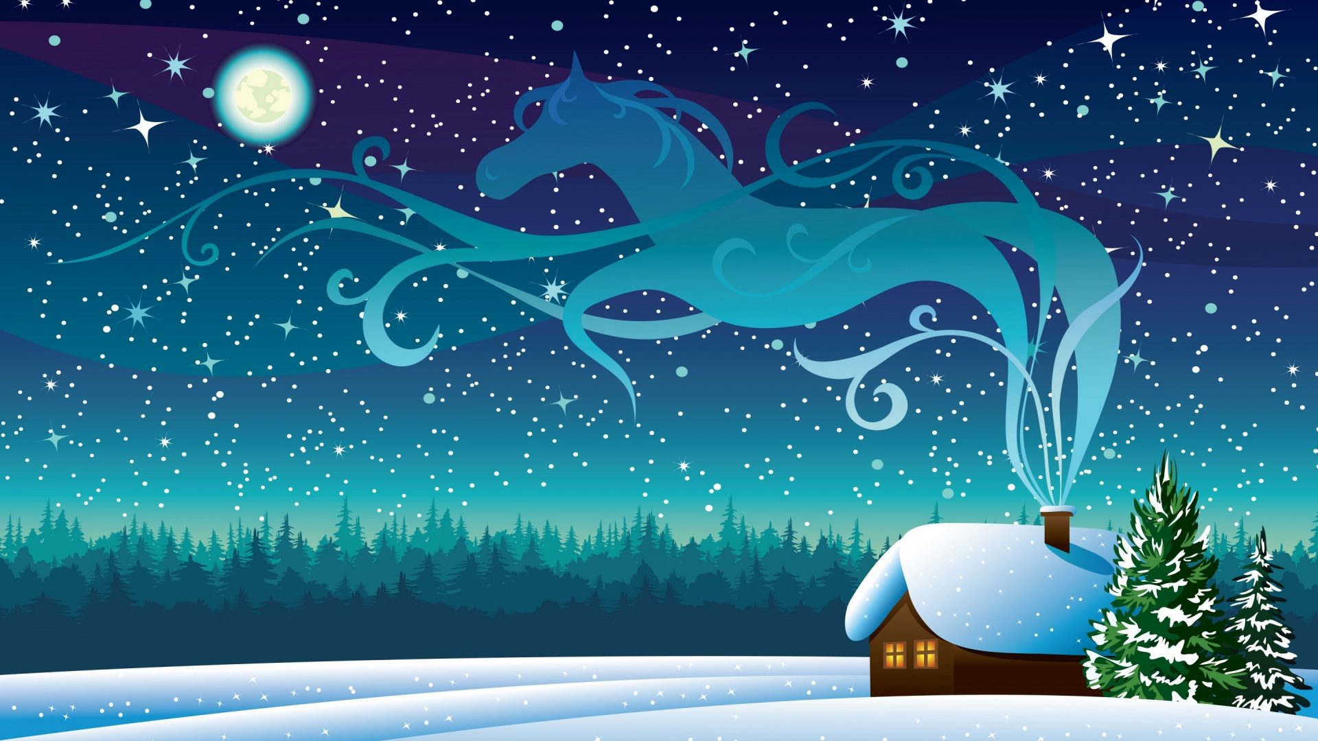 Winter Night Starry Sky Full Moon Wooden House Drawing For Christmas Uhd Wallpaper 2880x1800, Wallpaper13.com