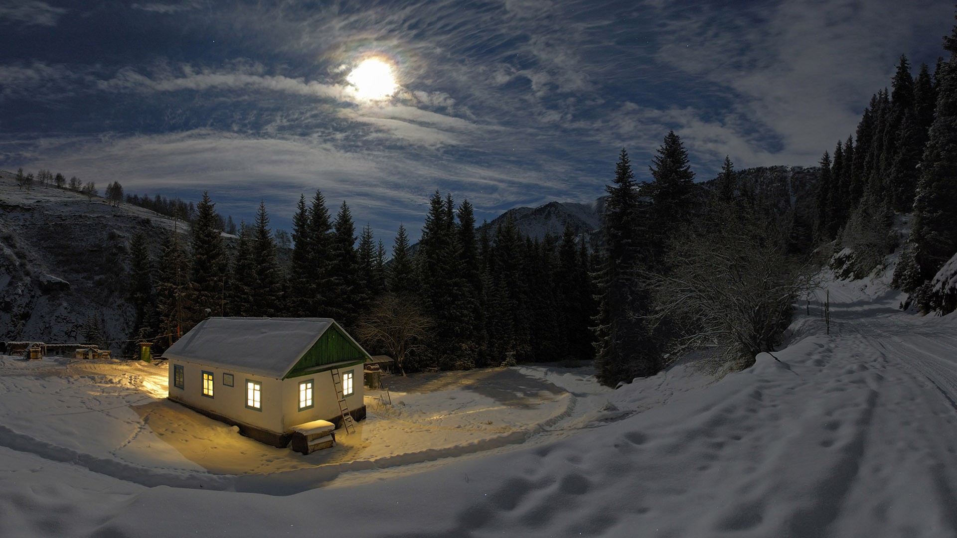 nature, Landscape, Night, Moon, Moonlight, Mountain, Winter, Snow, Trees, Forest, House, Lights, Clouds, Rock Wallpaper HD / Desktop and Mobile Background