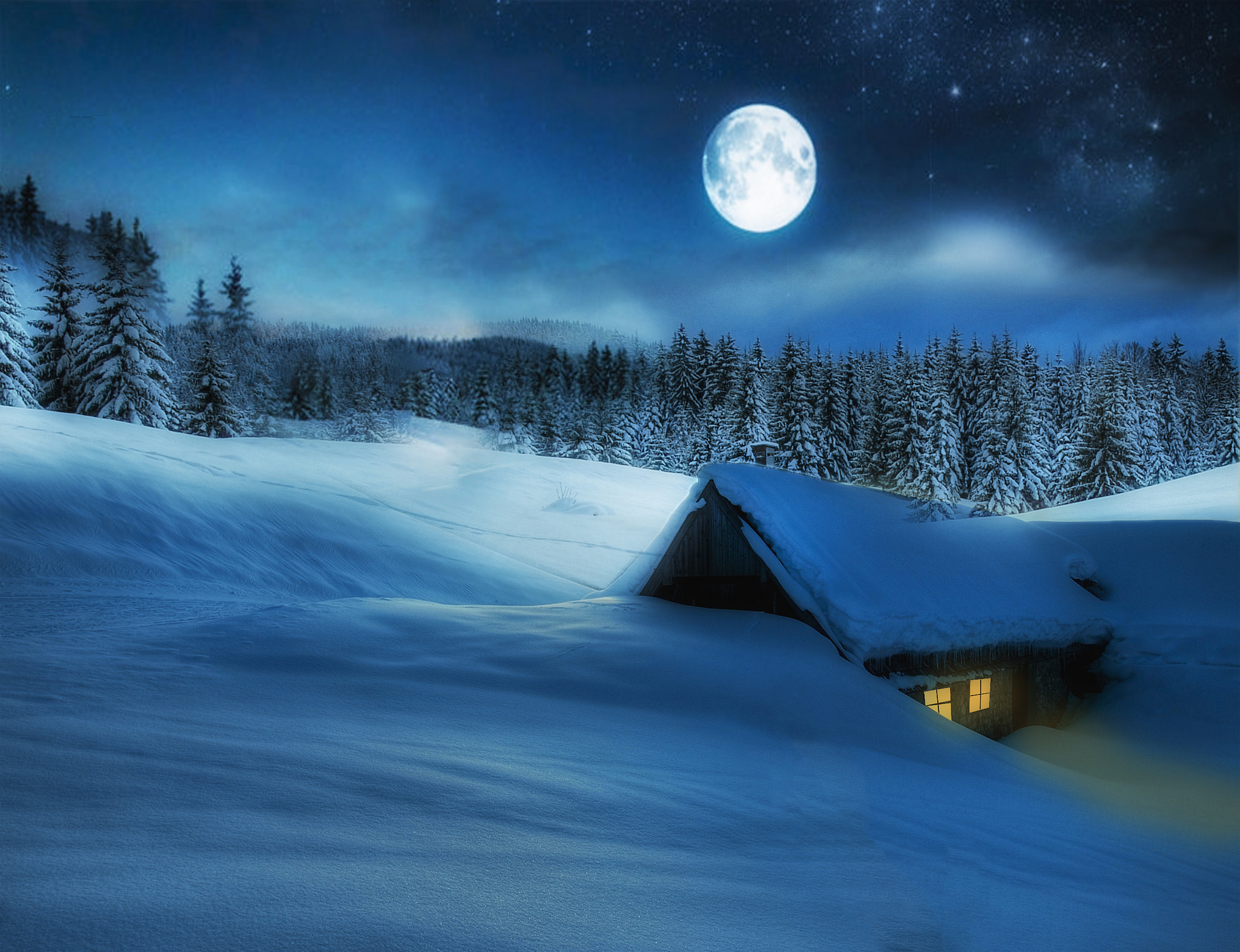 Full Moon over Winter Cabin HD Wallpaper