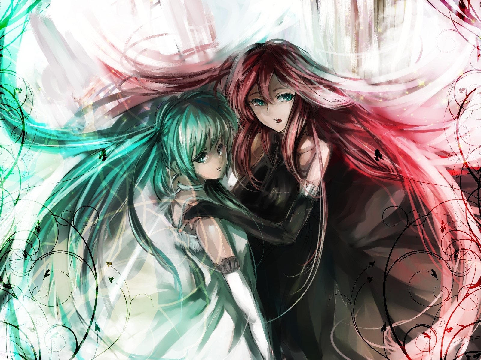 1600x1200 Hatsune miku, Megurine luka, Dress, Pink hair, Green hair, Gloves, Girls wallpaper JPG