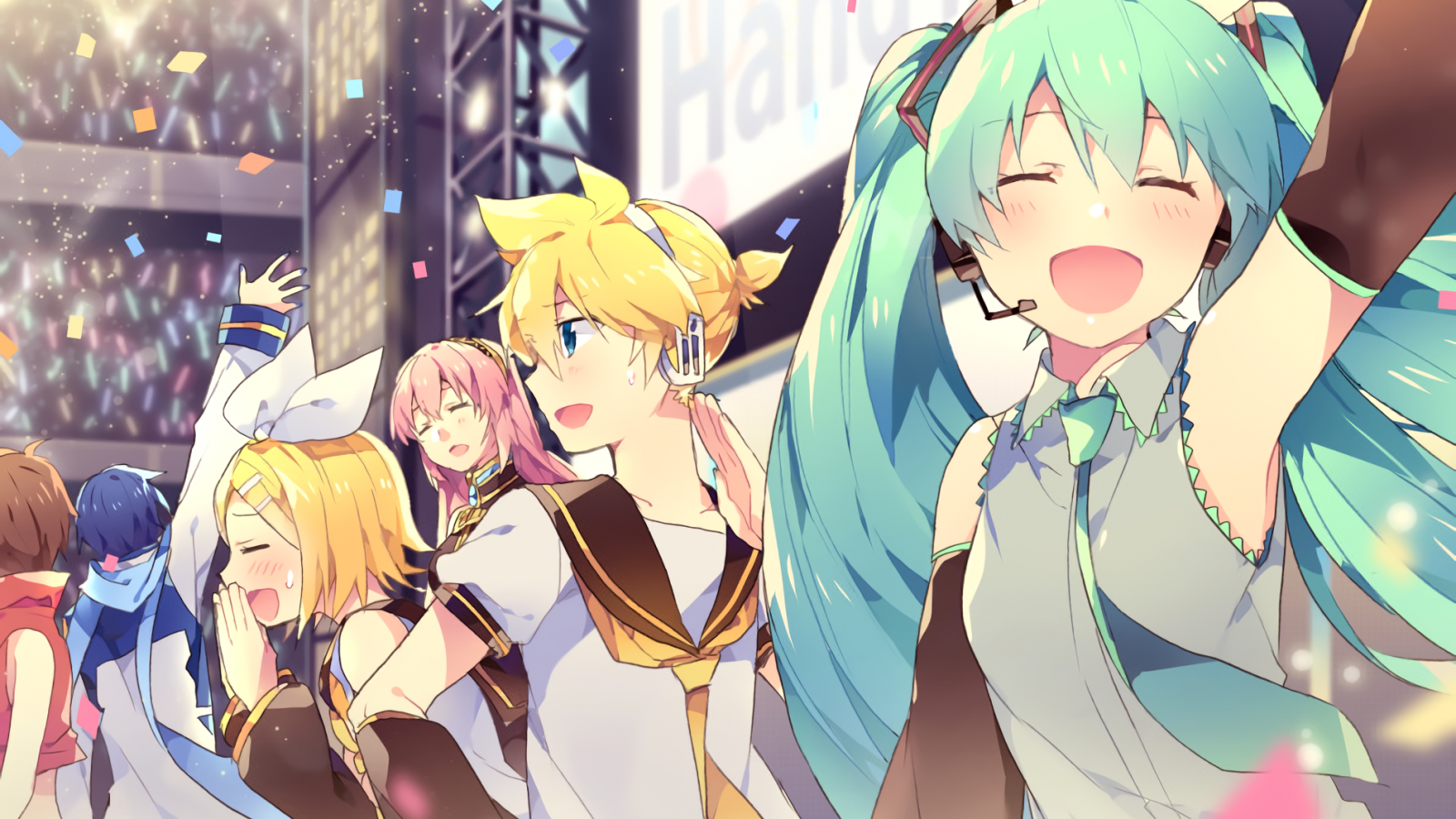 Download 1600x900 Vocaloid, Megurine Luka, Hatsune Miku, Kagamine Len Wallpaper