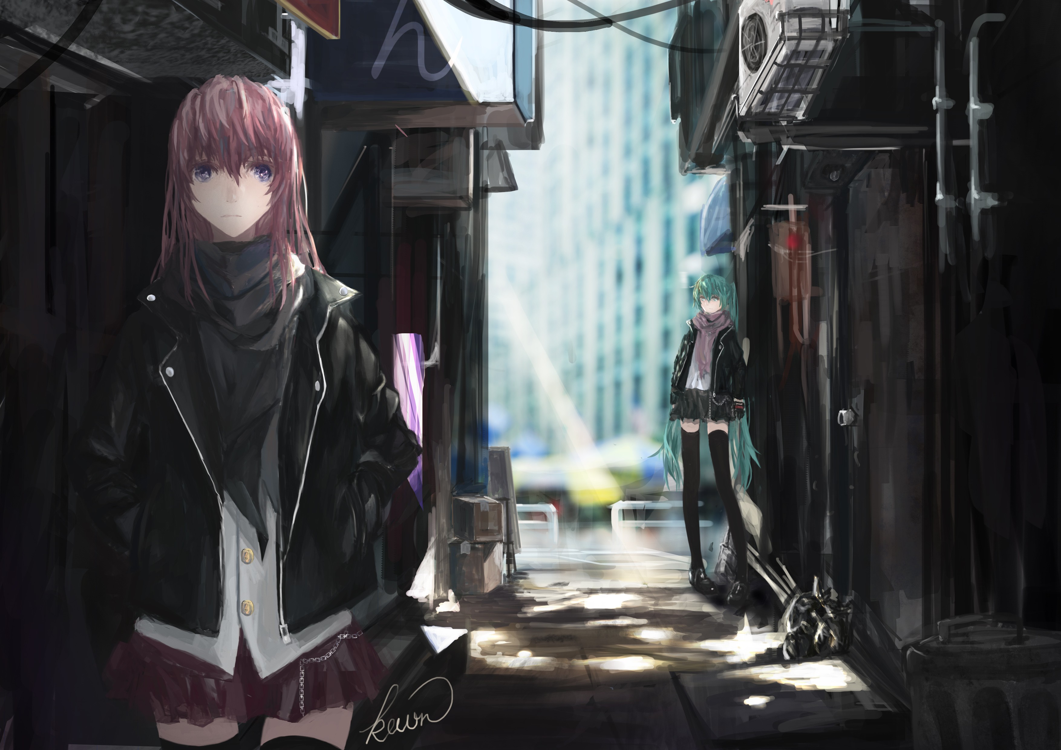 Wallpaper, black, street, road, Vocaloid, Hatsune Miku, spring, Megurine Luka, clothing, color 3508x2480