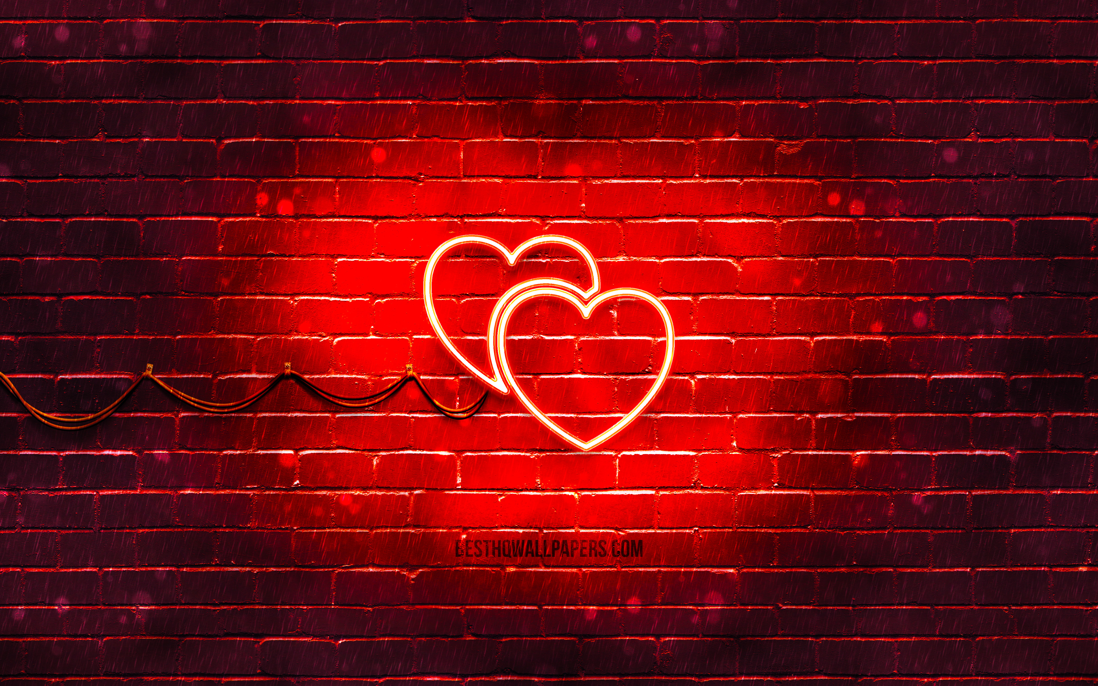 Download wallpapers Two Hearts neon icon, 4k, red background, neon symbols,...