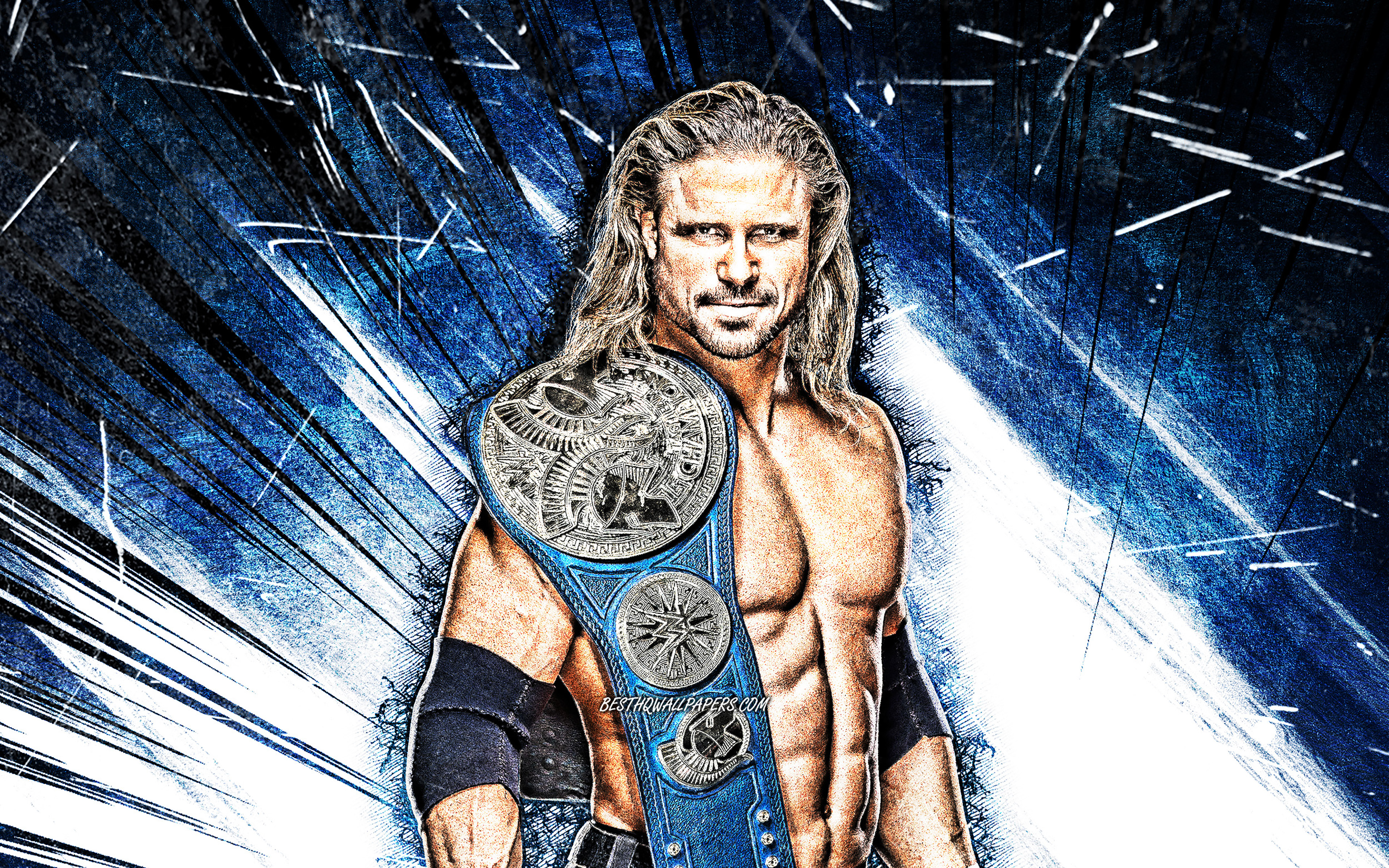 Download wallpaper 4k, John Morrison, grunge art, american wrestler, WWE, John Randall Hennigan, blue abstract rays, wrestling, John Morrison with belt, wrestlers, John Morrison 4K for desktop with resolution 3840x2400. High Quality