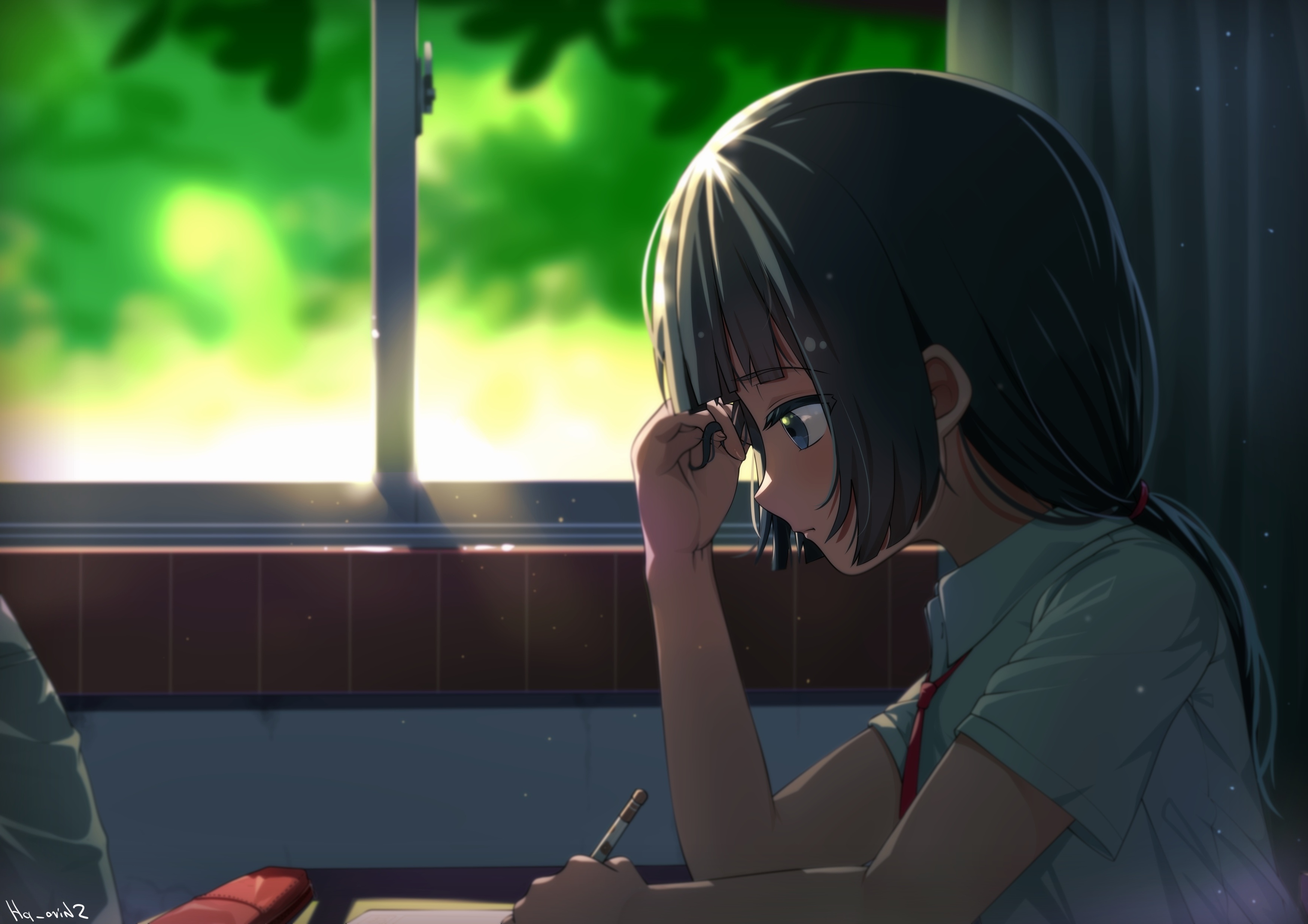 Wallpaper Windows, Studying, Classroom, Profile View, Ponytail, Anime Girl:3508x2480