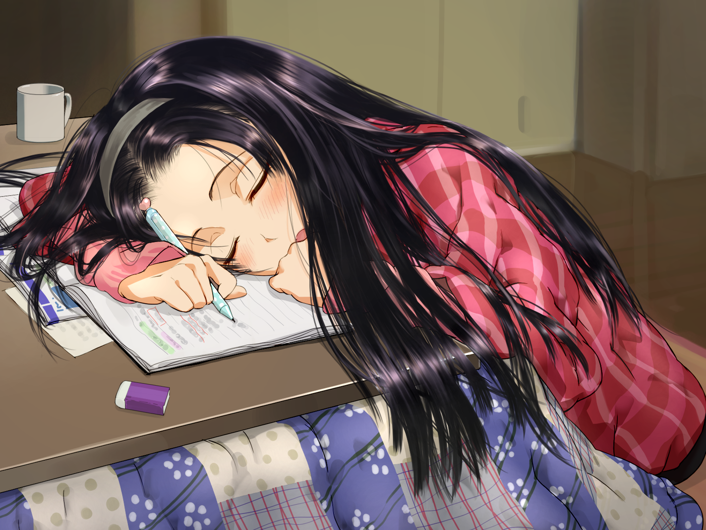 #anime girls, #dark hair, #sleeping, #studying, wallpaper. Mocah HD Wallpaper