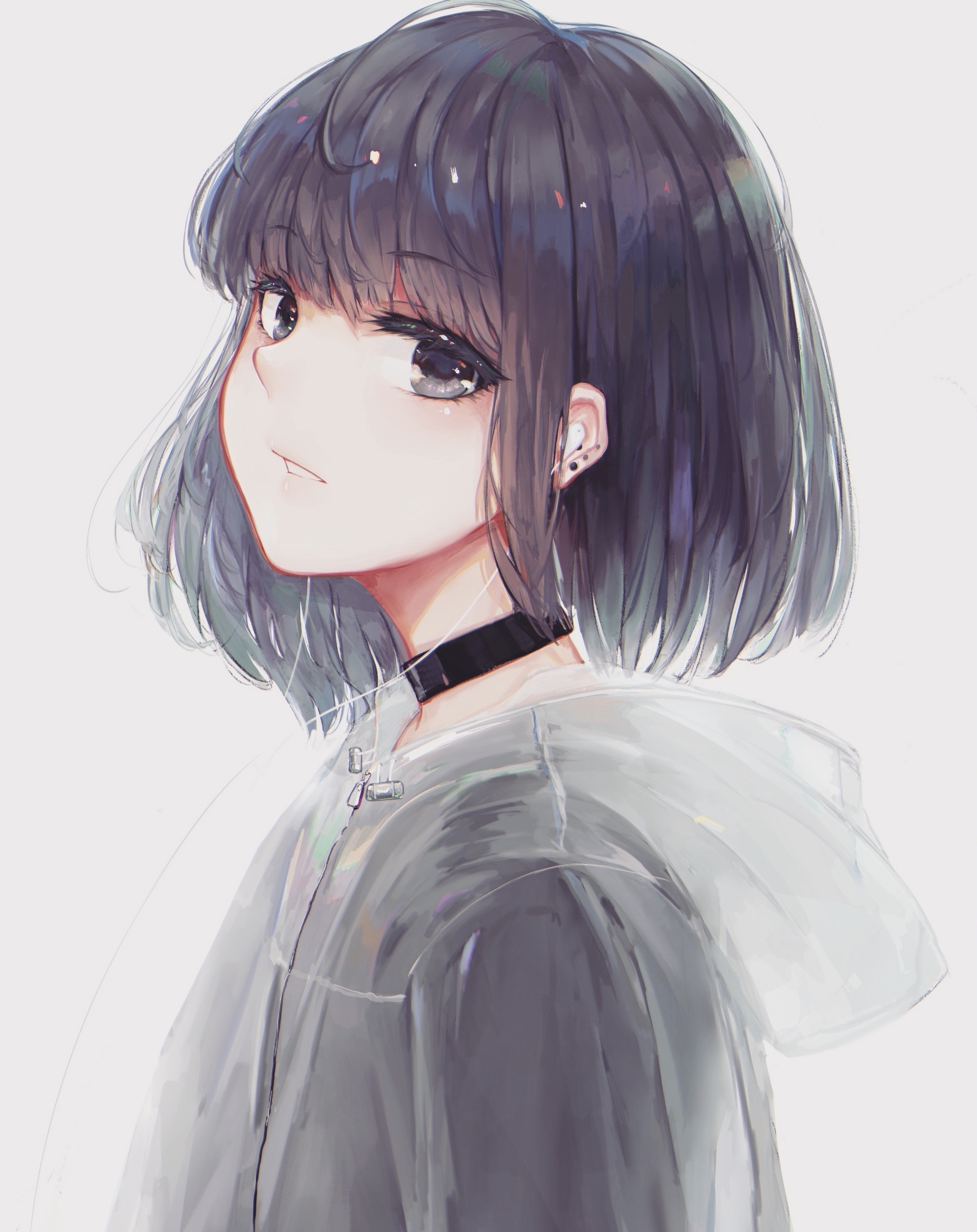 Wallpaper Profile View, Anime Girl, Choker, Short Hair, Coat:2048x2582