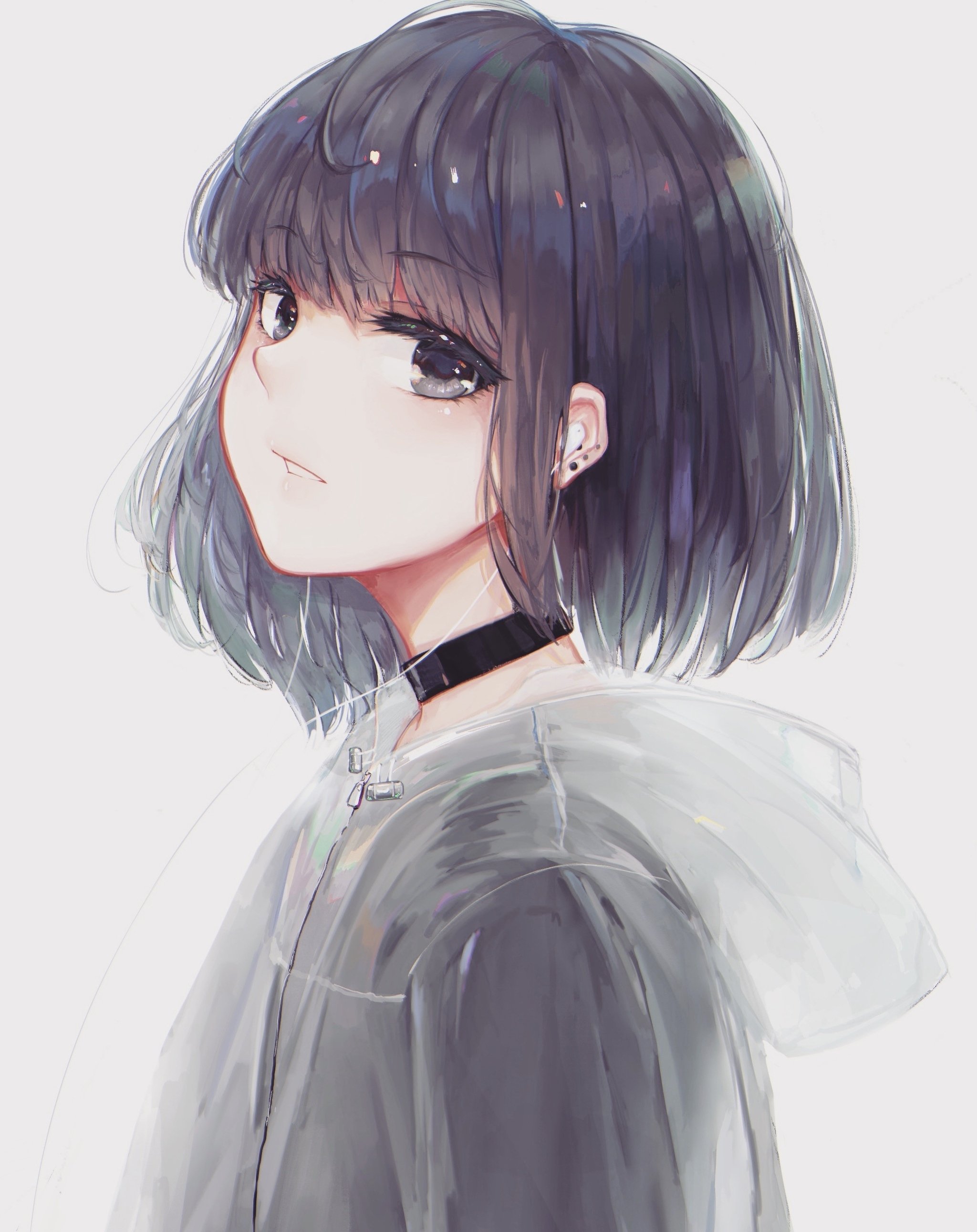 Anime girl, profile view, choker, short hair, coat, Anime, HD phone  wallpaper