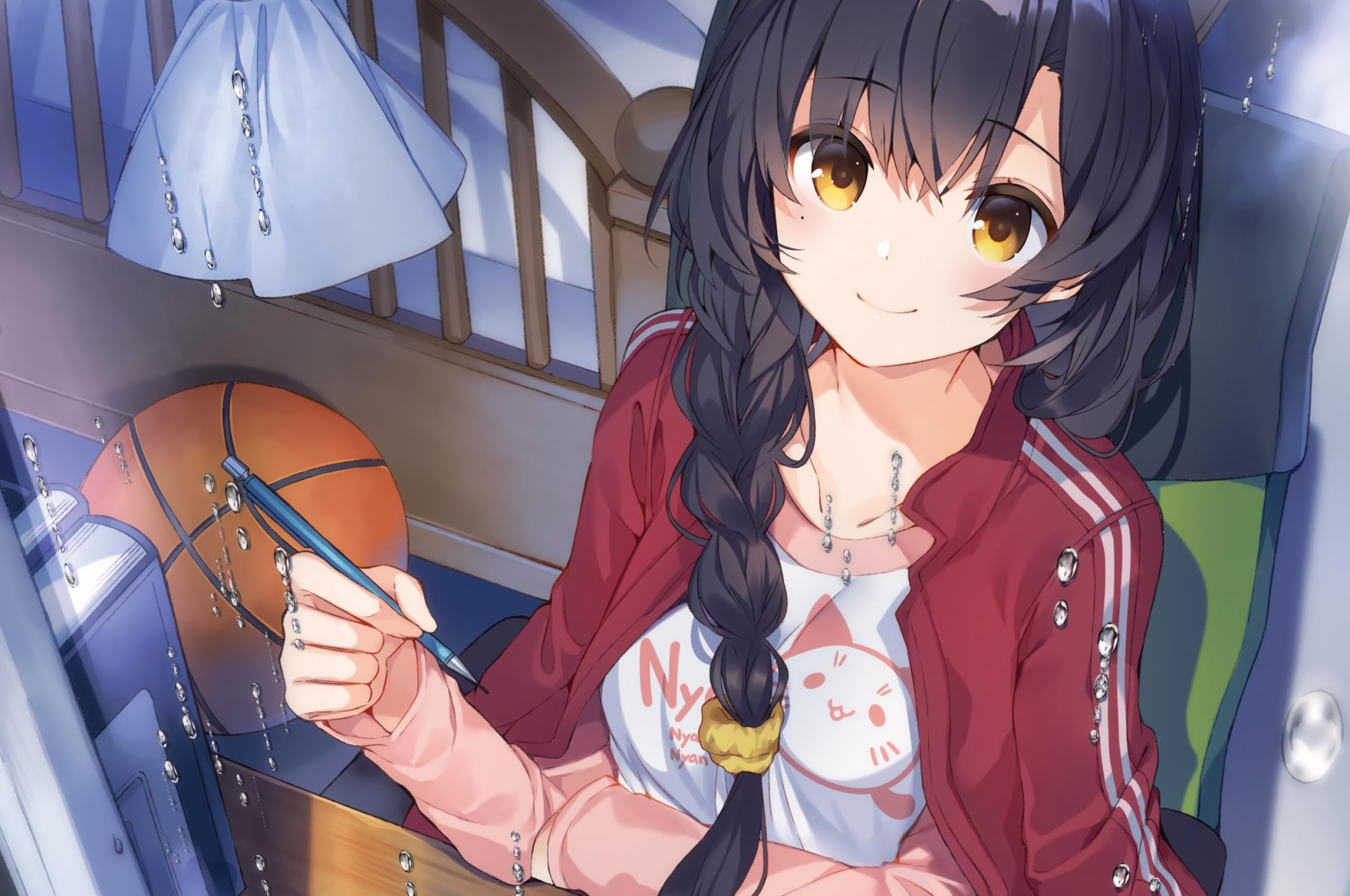Download 2560x1700 Cute Anime Girl, Braid, Studying, Jacket, Basketball Wallpaper for Chromebook Pixel