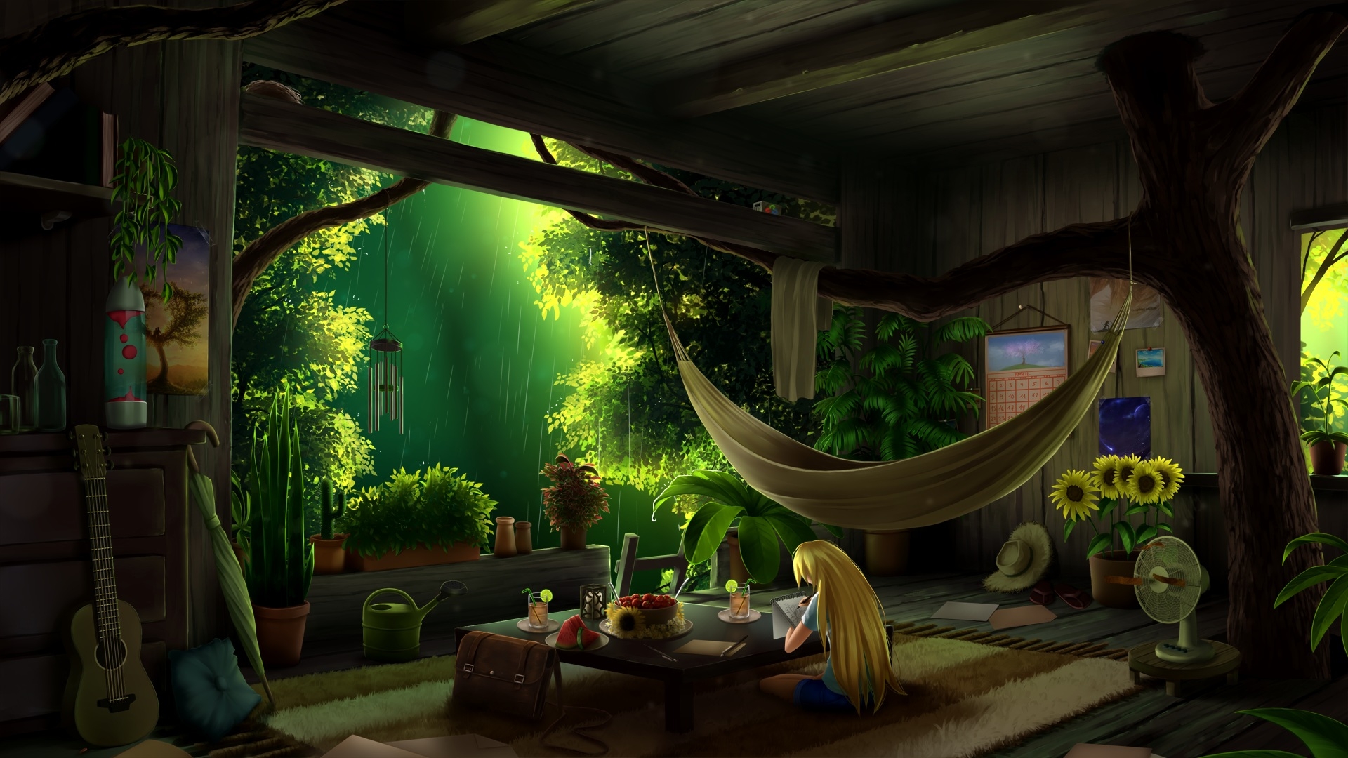 Download 1920x1080 Anime Girl, Botanical Room, Studying, Raining, Tree, Blonde, Mood Wallpaper for Widescreen
