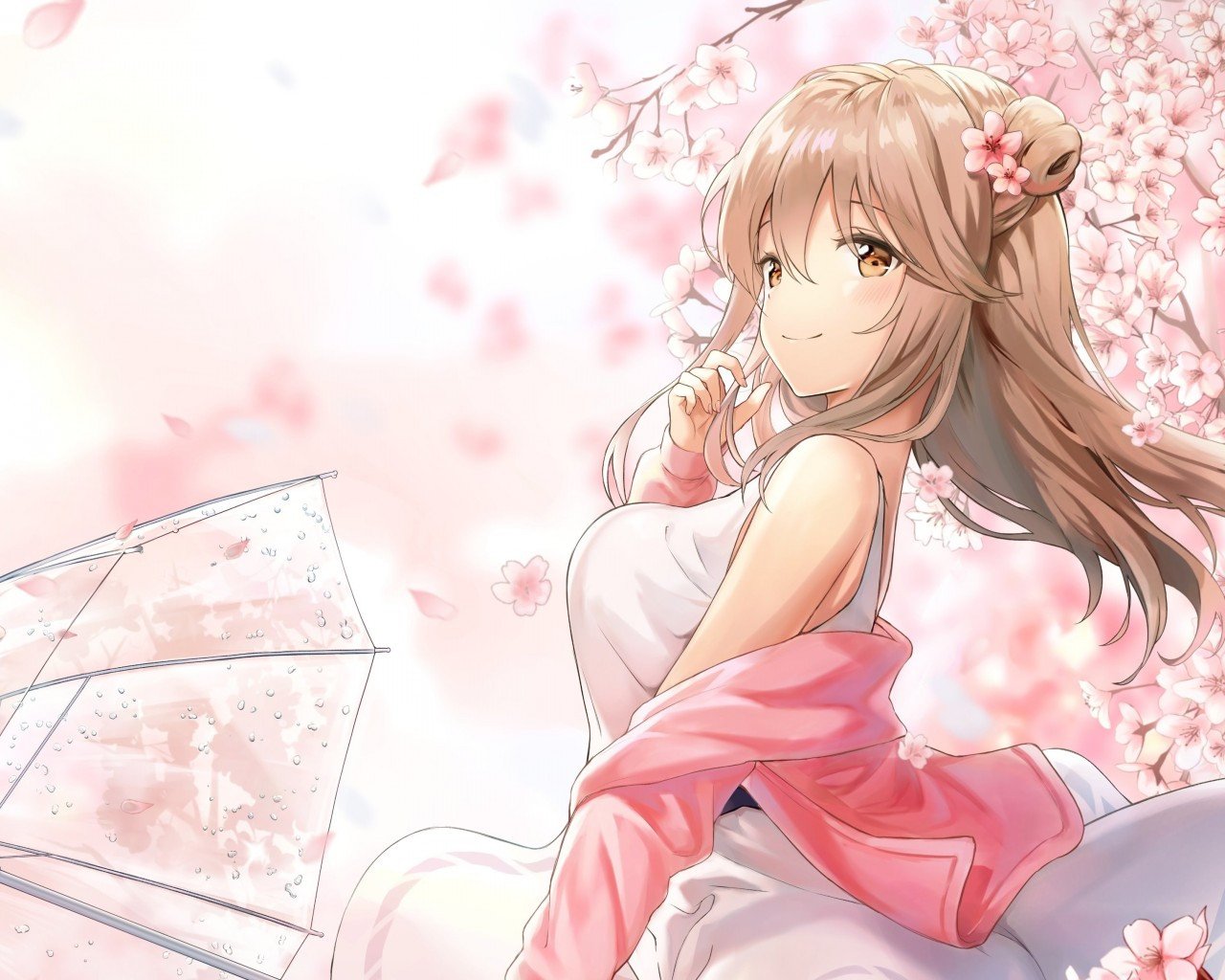 Download 1280x1024 Cute Anime Girl, Profile View, Sakura Blossom, White Dress, Umbrella Wallpaper