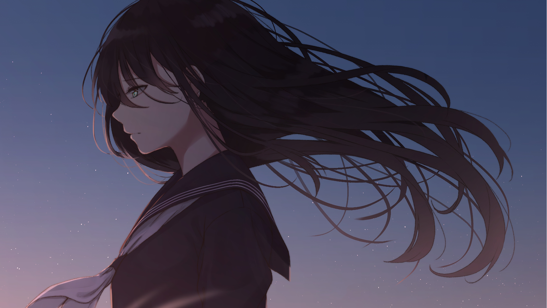Anime Anime Girls Long Hair Dark Hair Face Profile Wallpaper:1920x1080