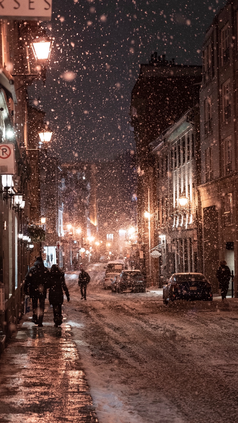 Wallpaper Snowfall, People, Street, Night, Evening, Wallpaper Winter Night