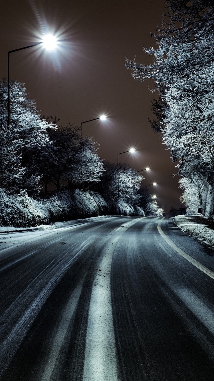 Wallpaper Road, trees, snow, winter, night, lights 1920x1200 HD Picture, Image