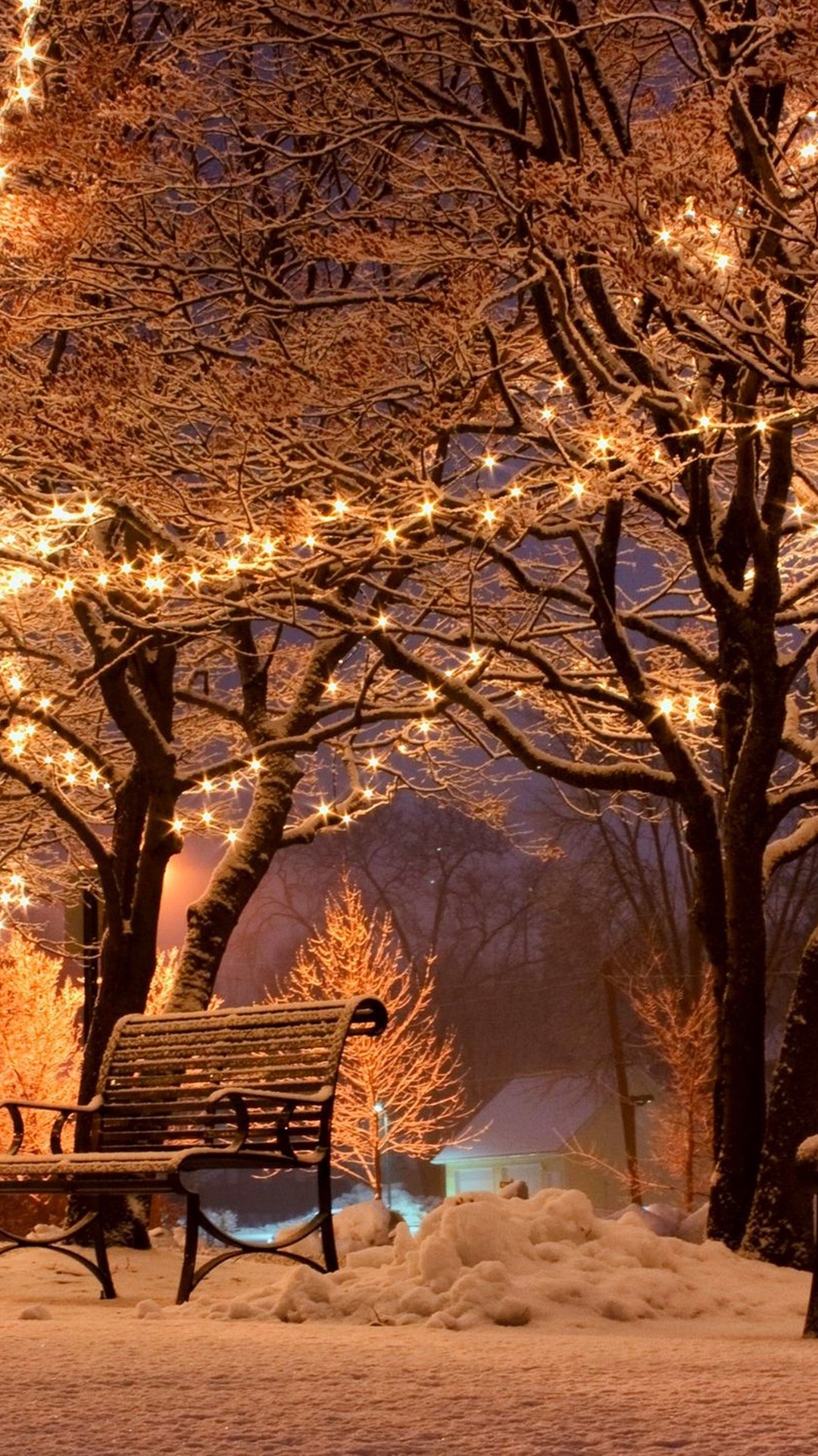 Wallpaper Winter, night, snow, benches, trees, street, holiday lights 3840x2160 UHD 4K Picture, Image