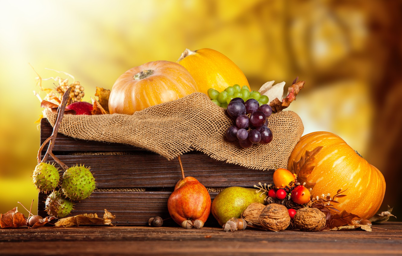 Wallpaper autumn, harvest, grapes, pumpkin, fruit, nuts, box, vegetables, pear, burlap, chestnuts image for desktop, section еда