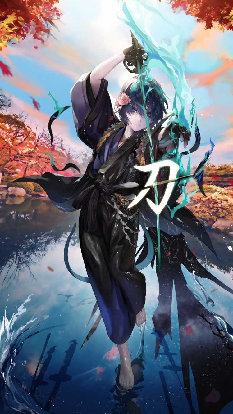 Download 750x1334 Anime Boy, Japanes Outfit, Sword, Water, Reflection, Autumn Wallpaper for iPhone iPhone 6