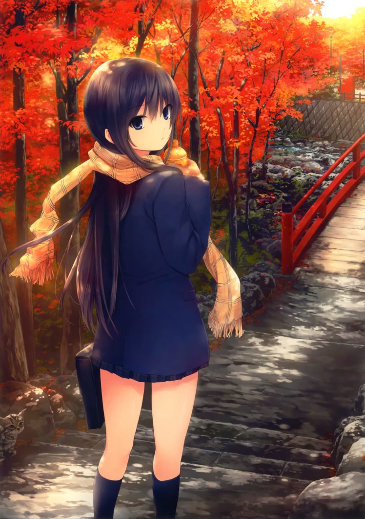 scarfs, Shiramine, Rika, Coffee kizoku, Anime, Girls, Scans, Autumn, Leaves Wallpaper HD / Desktop and Mobile Background