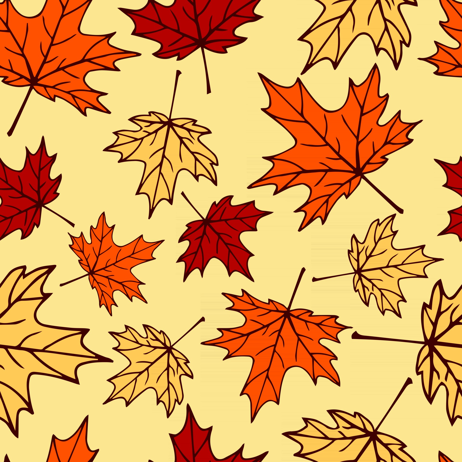 Seamless pattern with autumn maple leaves in orange, beige, brown colors. Perfect for wallpaper, gift paper, drawing fill, web page background, autumn greeting cards