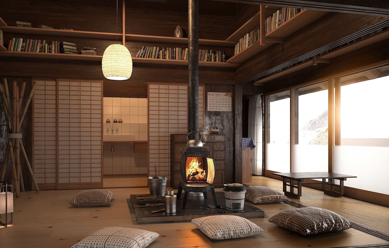 Wallpaper interior, fireplace, library, living room, Oriental style, Japanese Style image for desktop, section интерьер