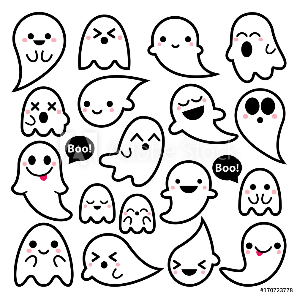 Cute Vector Ghosts Icon, Halloween Design Set, Kawaii Black Stroke Ghost Collection On White Background Wall Mural Redkoala