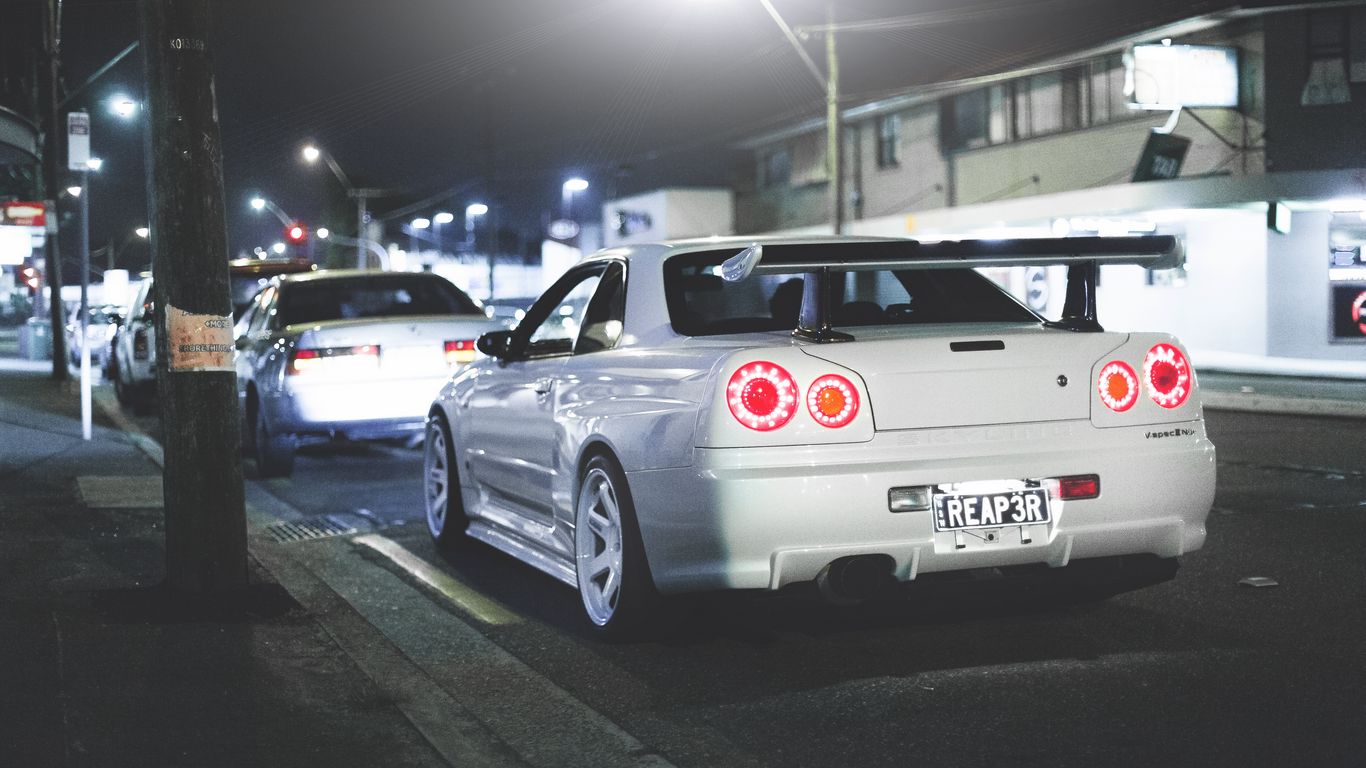 Download Wallpaper 1366x768 Nissan, Skyline, R34, Gt R, Rear View Tablet, Laptop HD Background