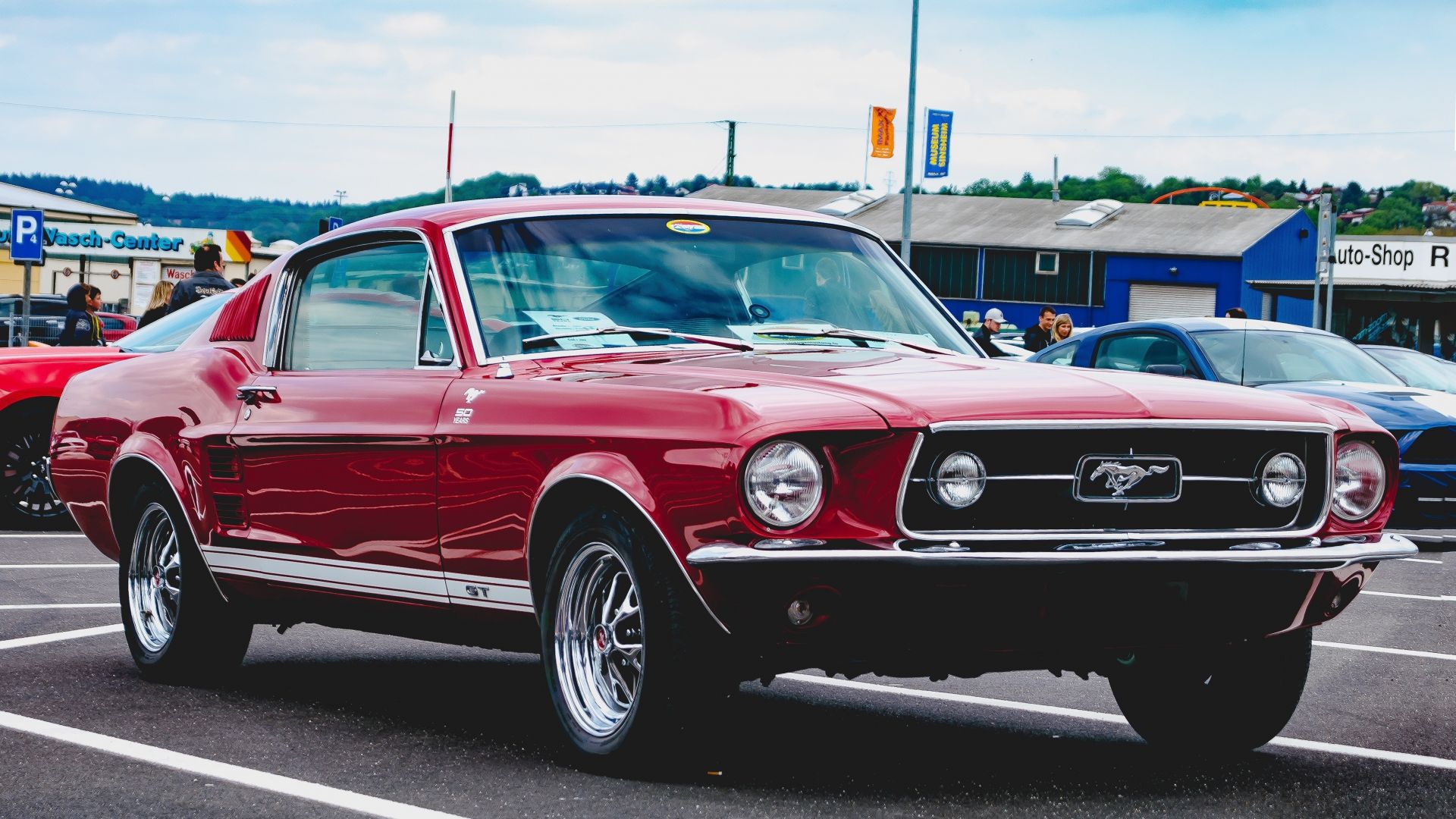 Desktop wallpaper red, classic, ford mustang, front, HD image, picture, background, 52e075