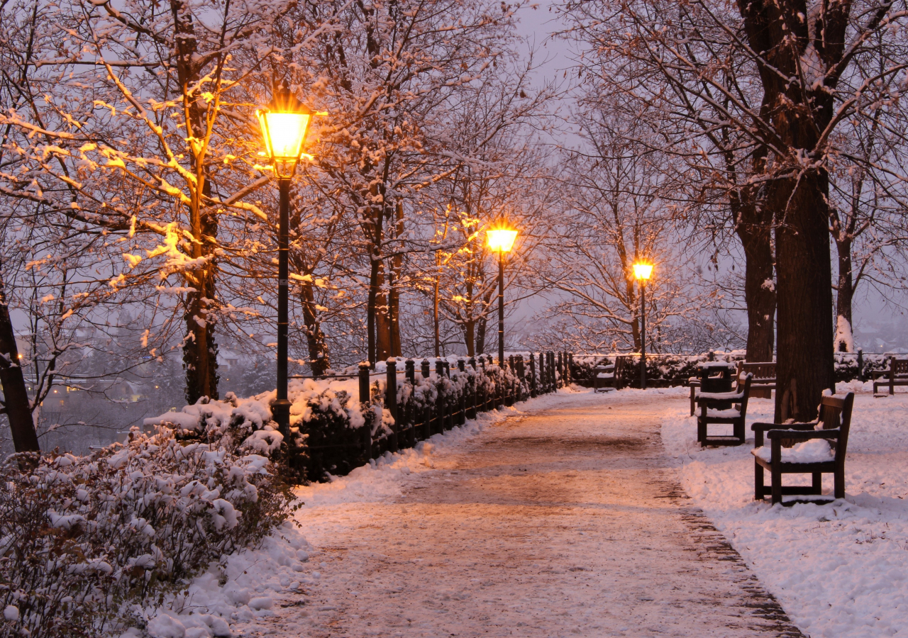 Desktop Wallpaper Garden, Sunset, Winter, Benches, Snowfall, 4k, HD Image, Picture, Background, B45a81