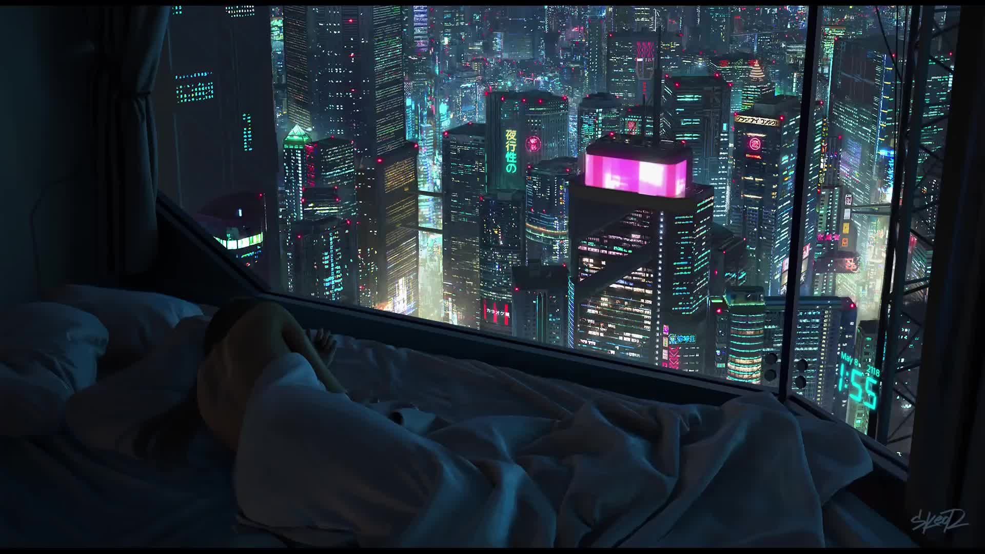 cyberpunk city, Cyberpunk apartment, Futuristic city