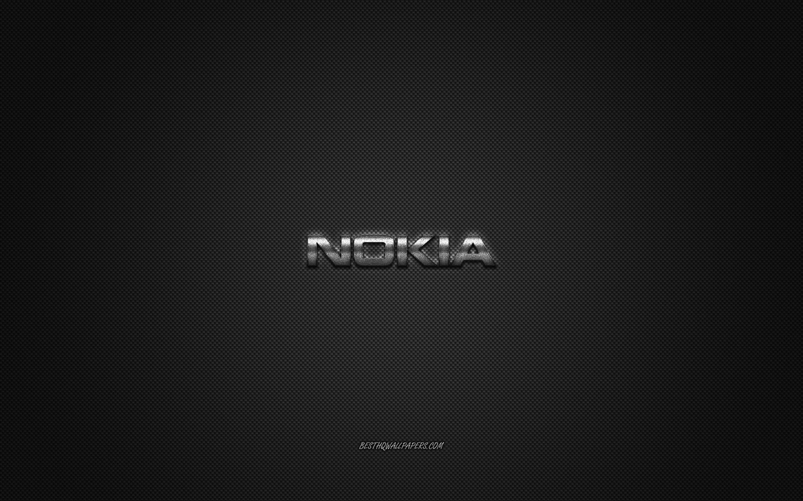 Download wallpaper Nokia logo, silver shiny logo, Nokia metal emblem, wallpaper for Nokia smartphones, gray carbon fiber texture, Nokia, brands, creative art for desktop with resolution 2560x1600. High Quality HD picture wallpaper
