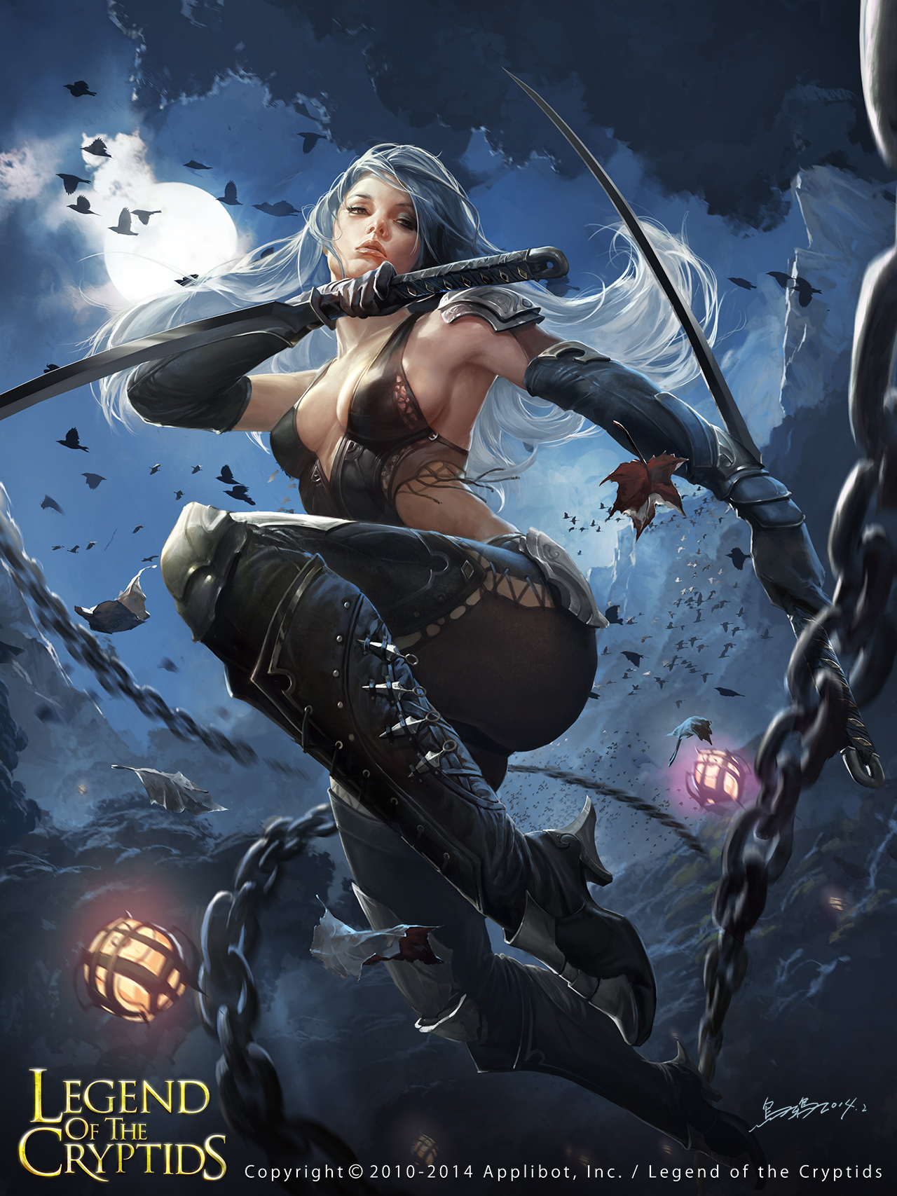 Wallpaper, Legend of the Cryptids, warrior, sword, bats, chains, night, Moon, dark, fantasy art, fantasy girl, digital art, artwork 1280x1707