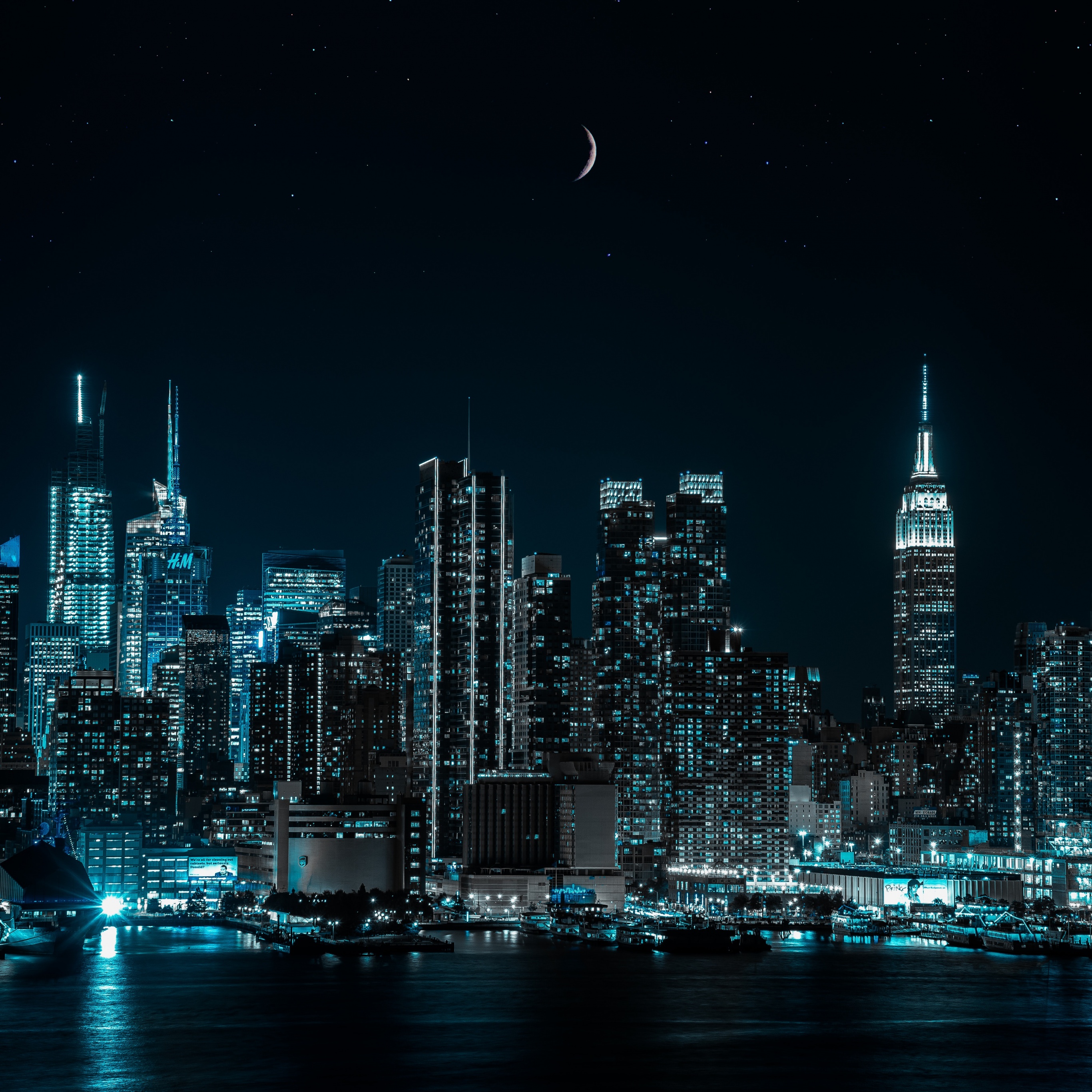 New York City Wallpaper 4K, Cityscape, Night, City lights, Half moon, 5K, World