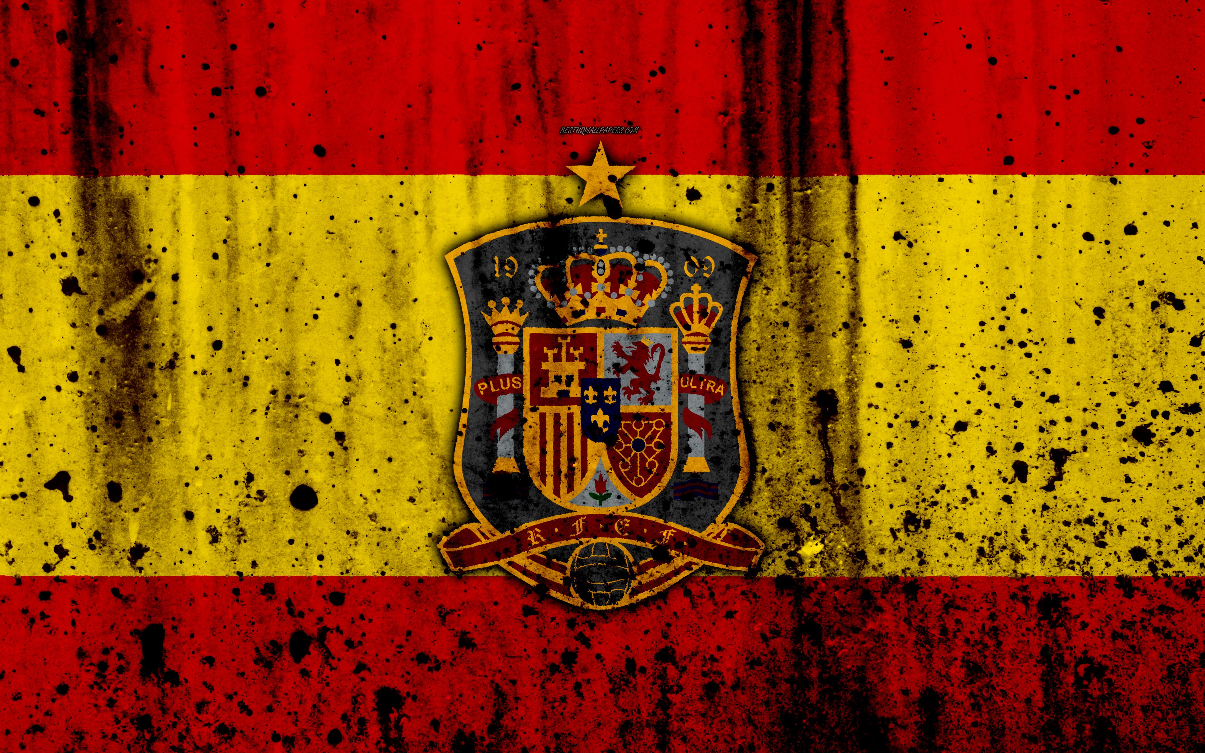 Download wallpaper Spain national football team, 4k, logo, grunge, Europe, football, stone texture, soccer, Spain, European national teams for desktop with resolution 3840x2400. High Quality HD picture wallpaper