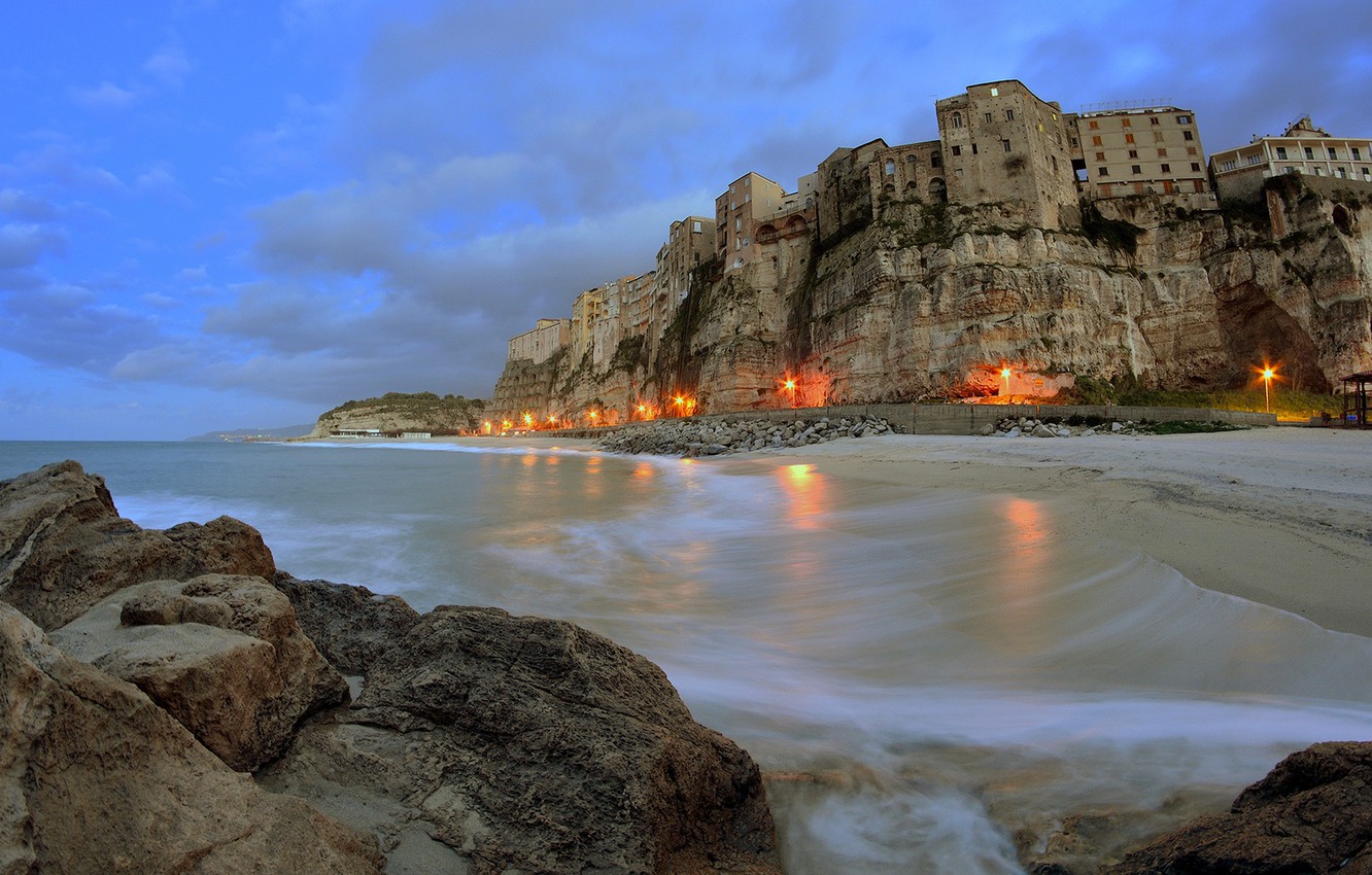 Wallpaper lights, sky, sea, landscape, Italy, clouds, village, cliff, Tropea, Calabria image for desktop, section природа