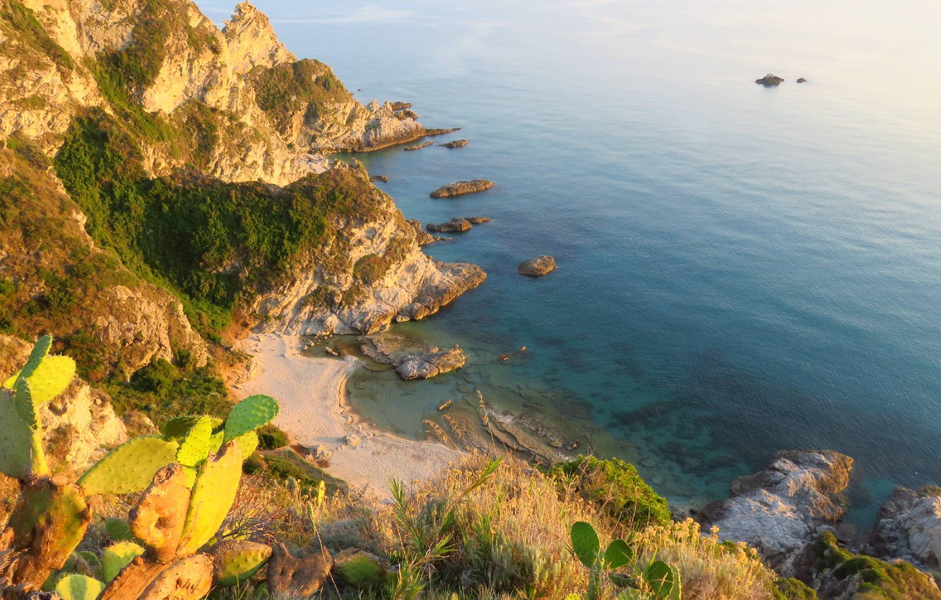 Wallpaper sea, beach, landscape, nature, rocks, shore, Italy, cacti, Calabria image for desktop, section пейзажи